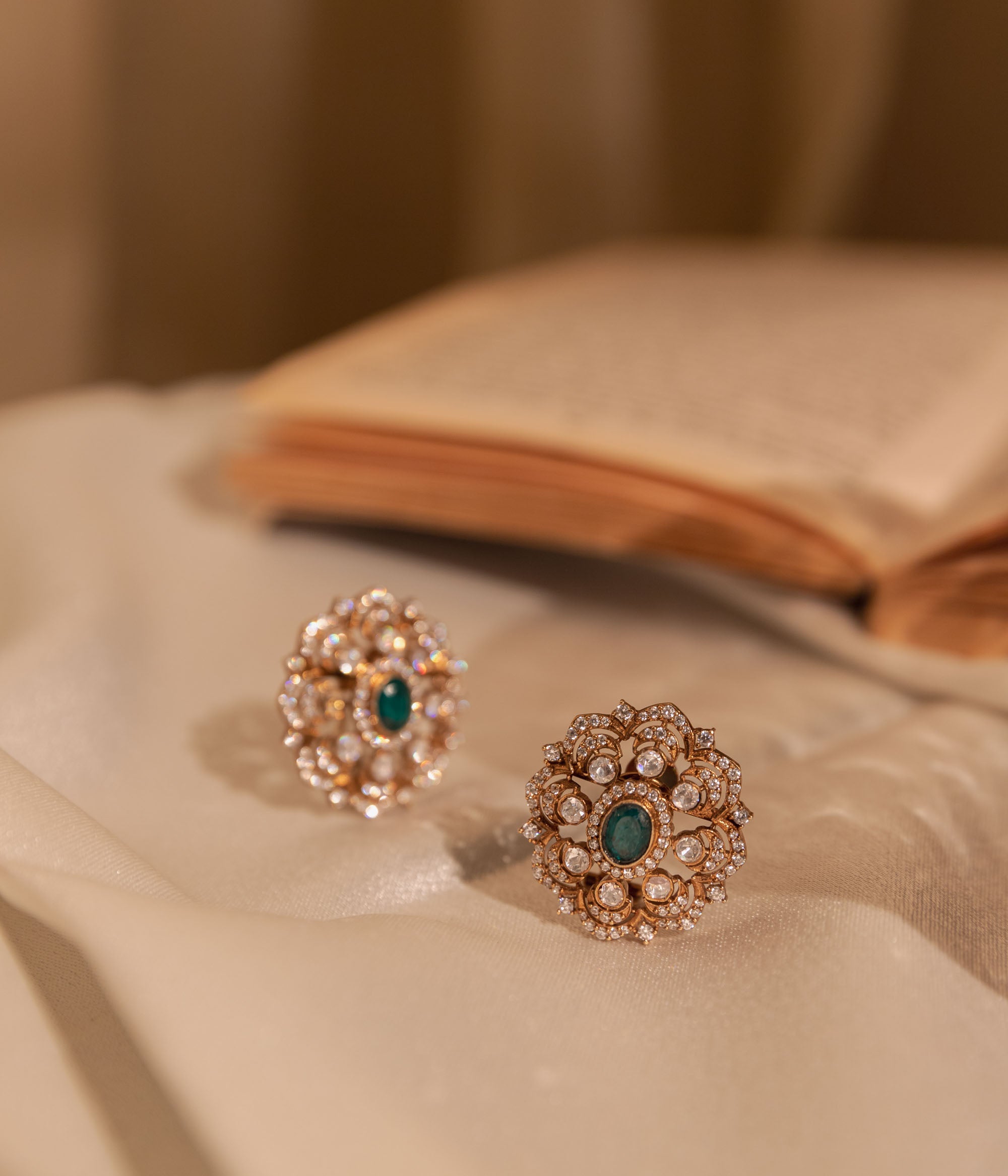 Close-up of Polki CZ Victorian Silver Earrings – Dese Queens Love