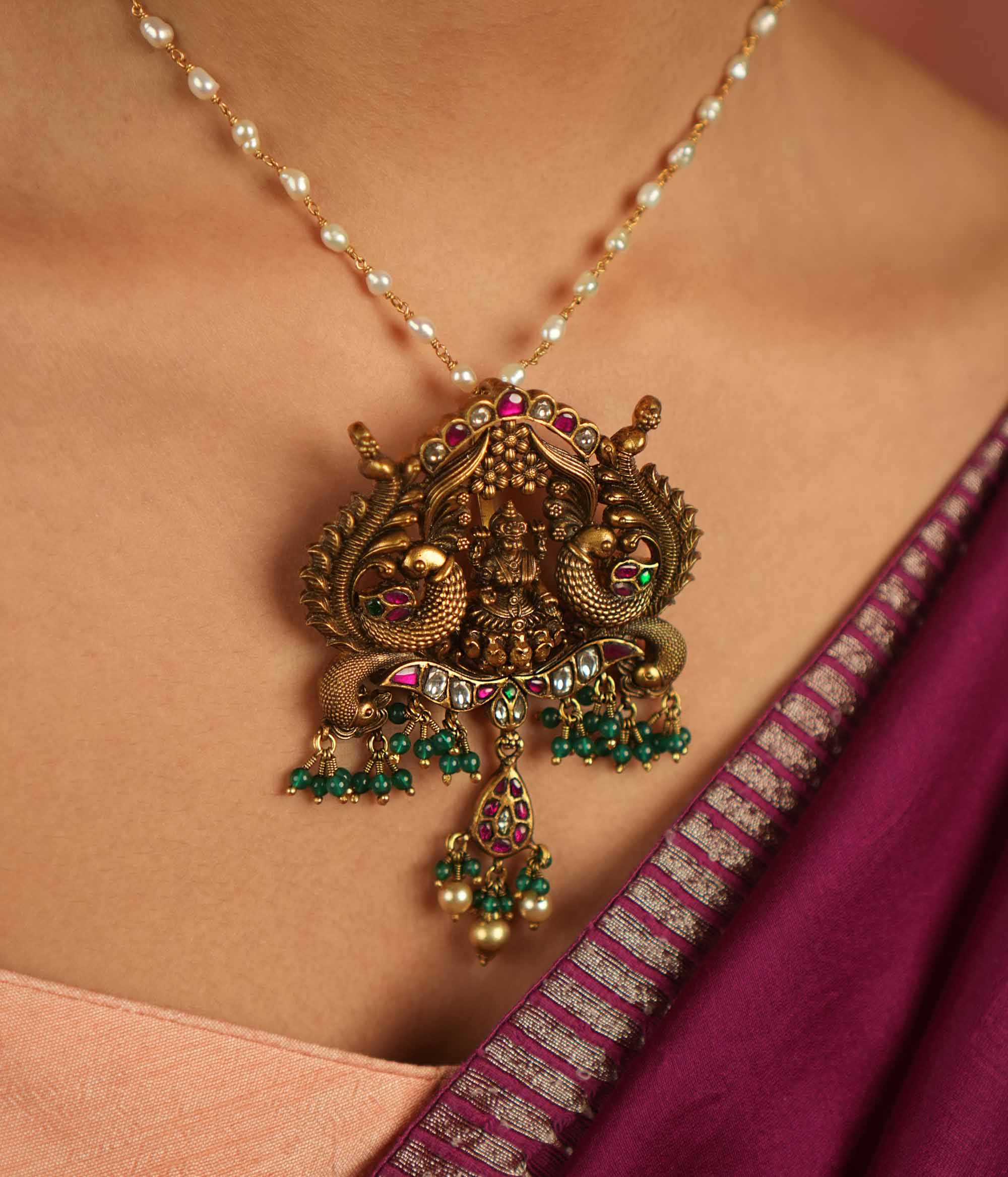 Devastuti Pendant in 92.5 Silver with Green Red White Kundan Stones