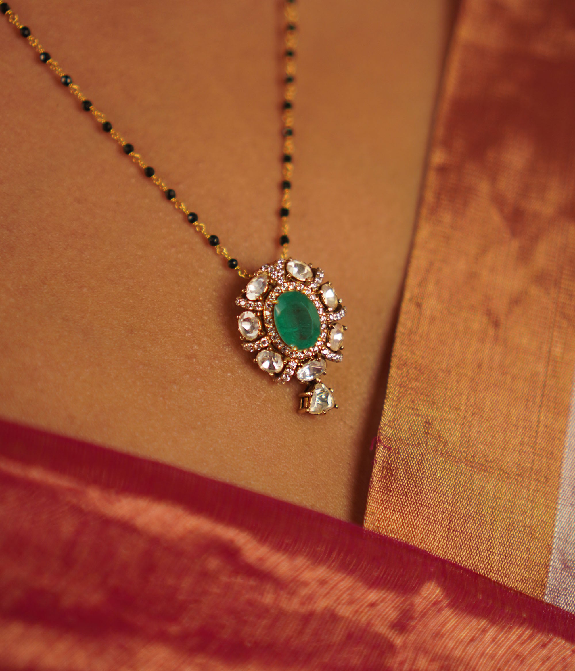 Devya Mangalsutra Pendant in 92.5 Silver with Polki and Green Gemstone