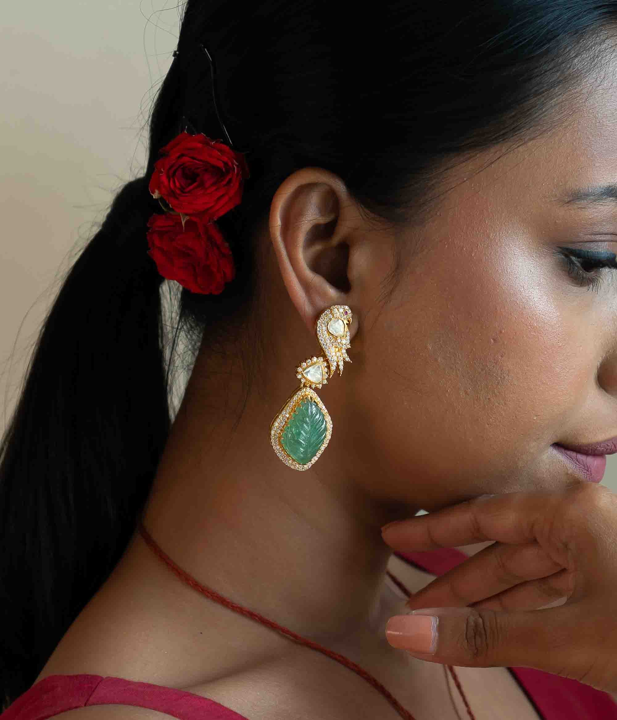 Dew Drop Earring in 92.5 Silver with Polki Green and CZ Stones