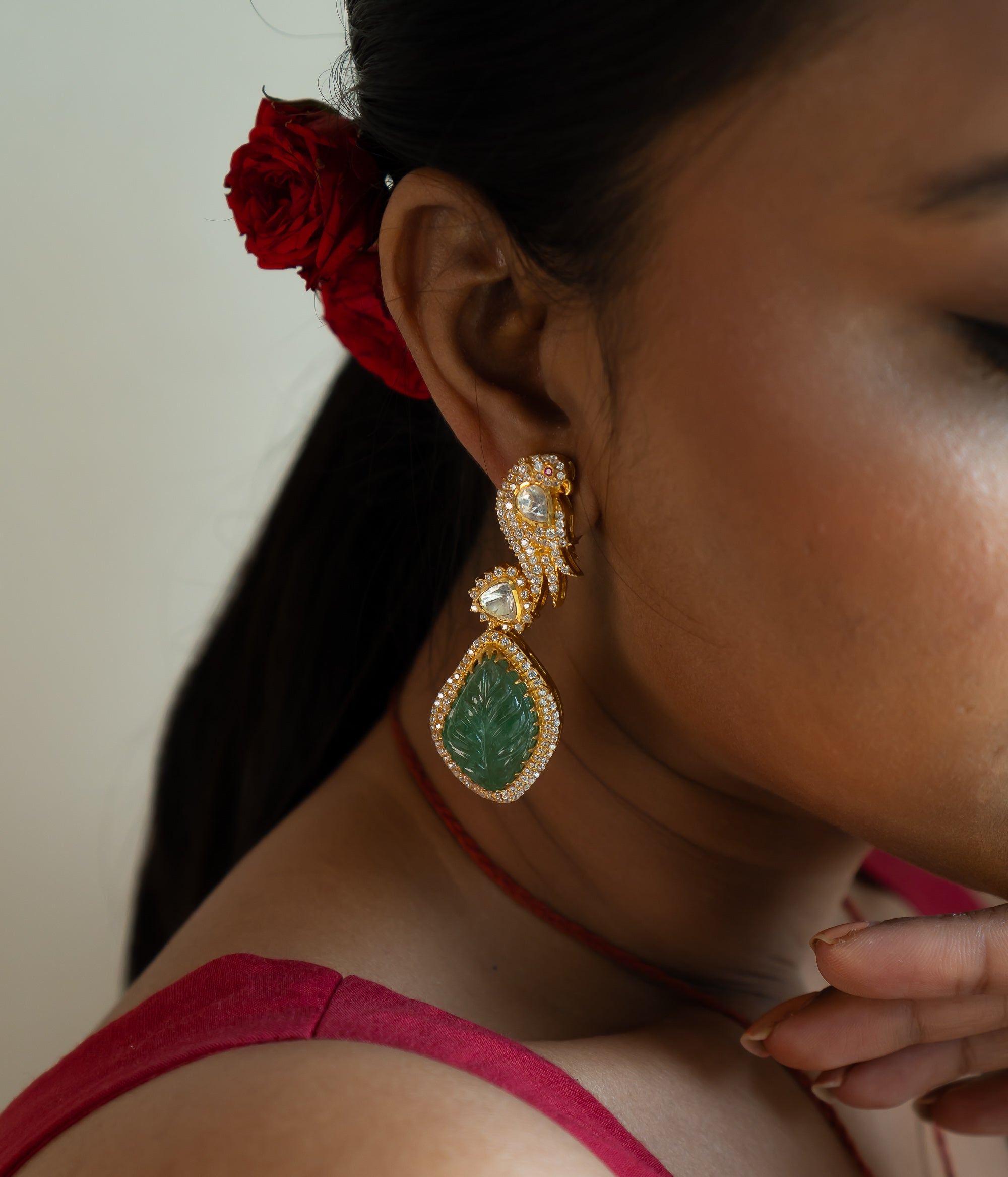 Handmade Polki and Green Stone Earrings – Dew Drop by DivasMantra