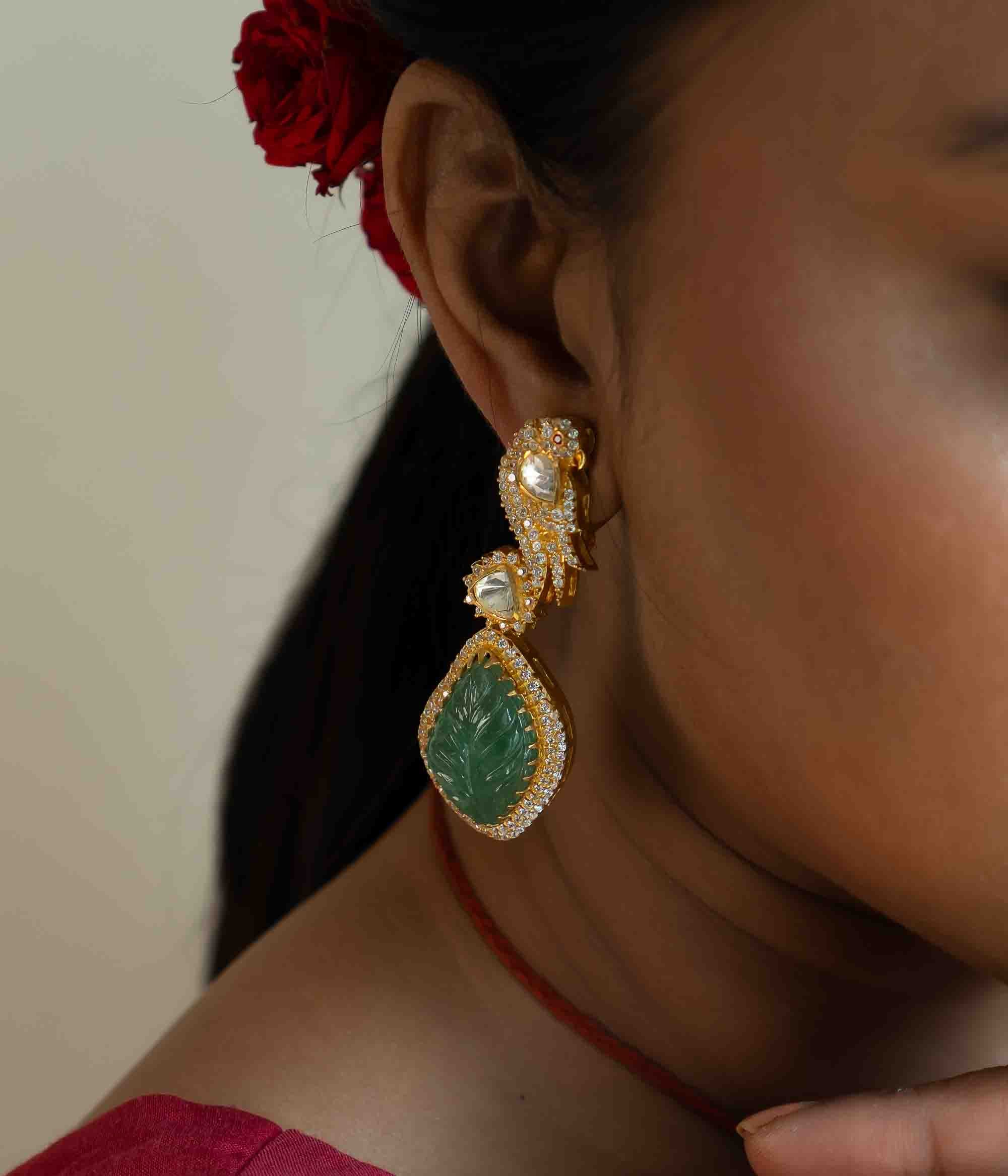 Close‑up of Dew Drop Earrings with Polki and CZ Stones