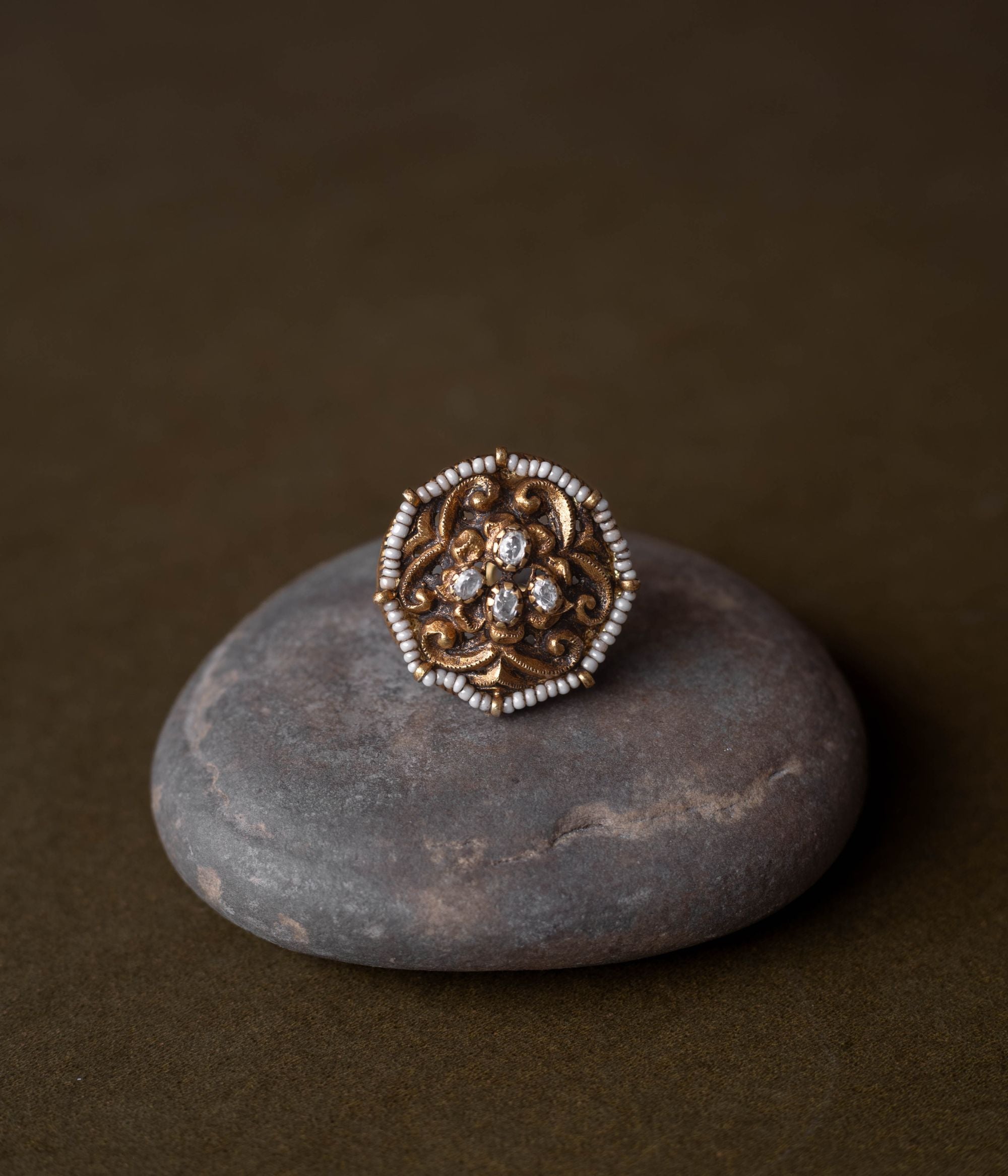 Dhavi Ring in 92.5 Sterling Silver Gold Plated with White Kundan Stone