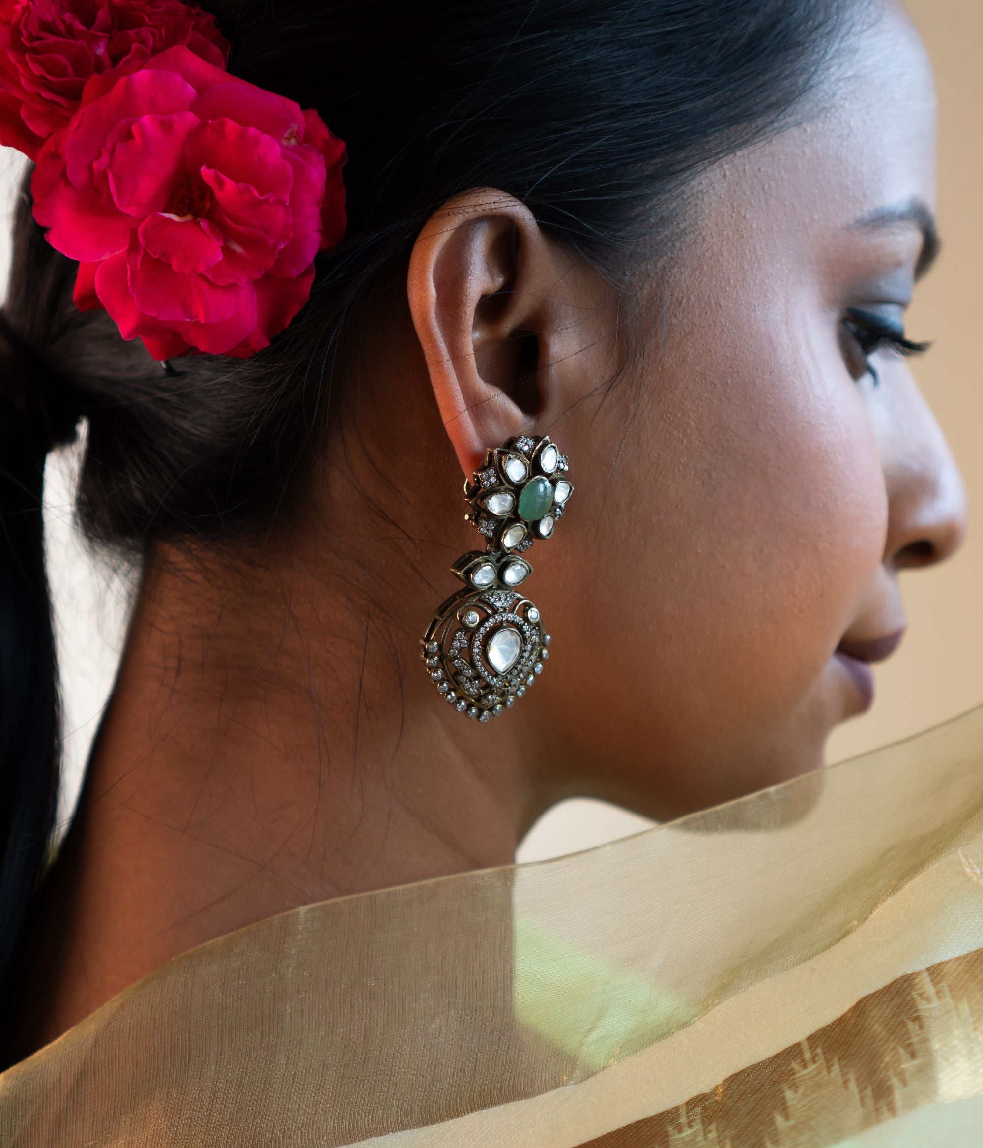 Diana Victorian Earrings in 92.5 Silver with Polki and CZ Stones