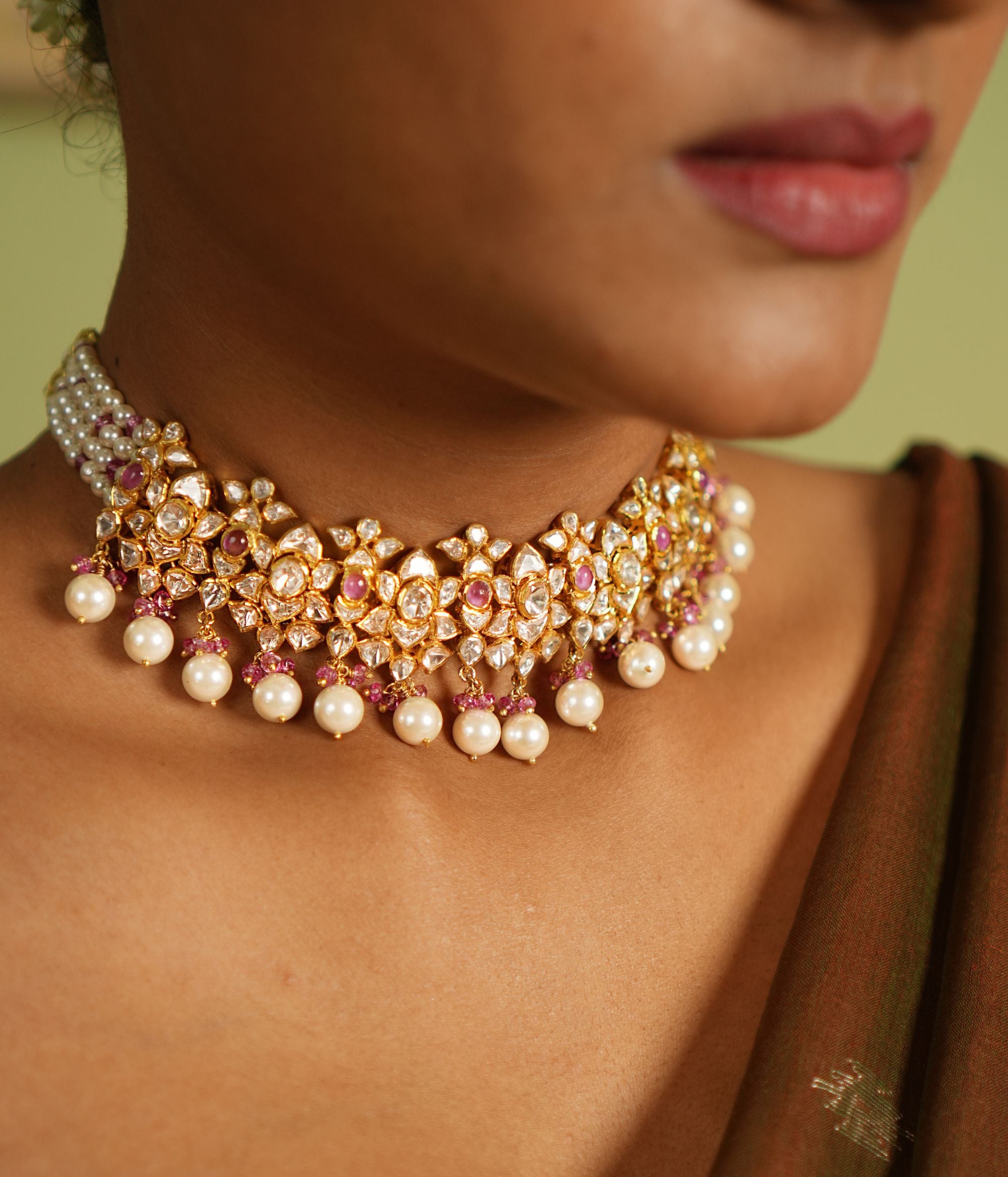 Handmade silver necklace with red gem and CZ stones