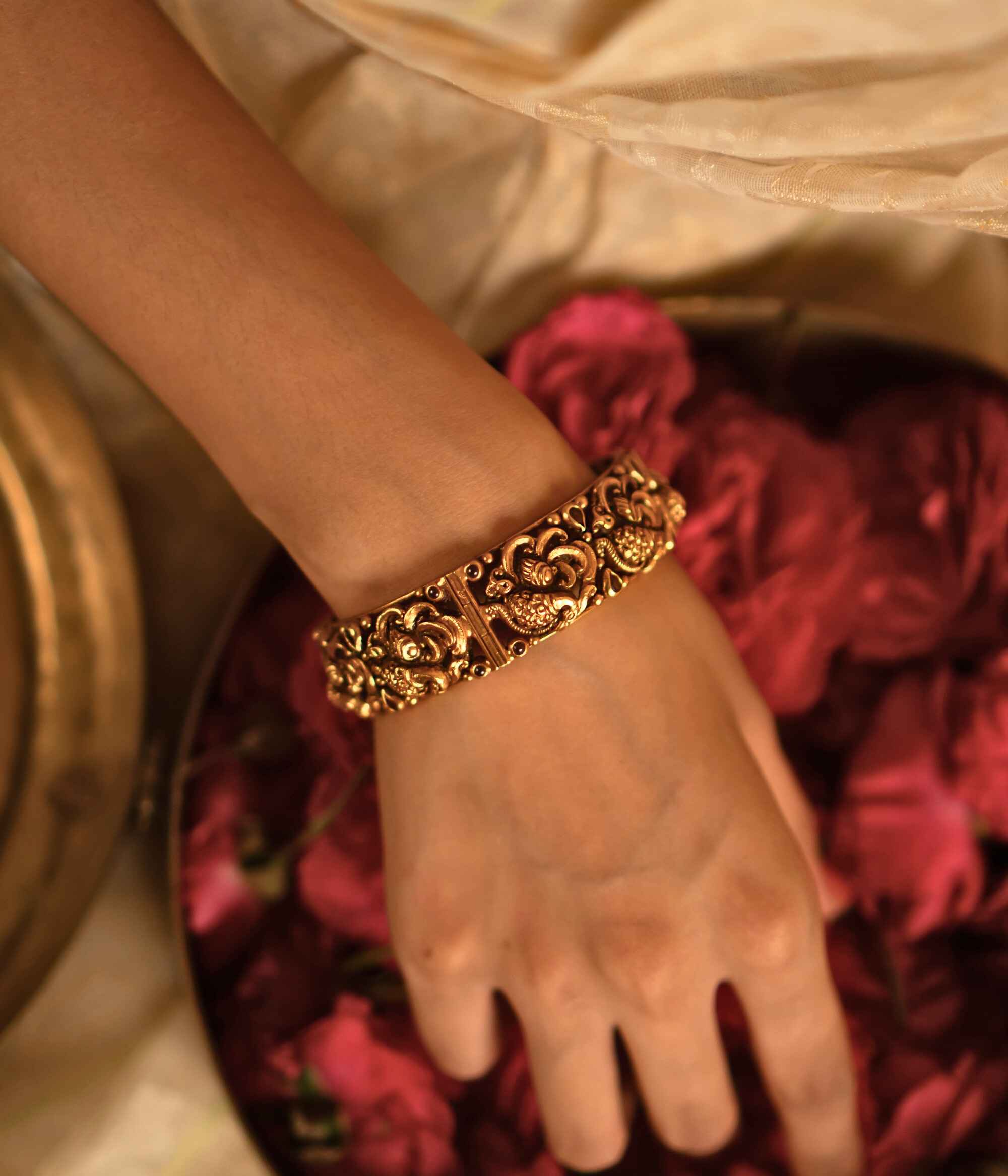 Dipta Kada 92.5 Silver Gold Plated Bangle with Red Kundan Stone