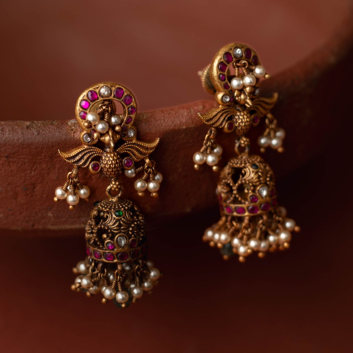 Silver bridal jhumka earrings with kundan