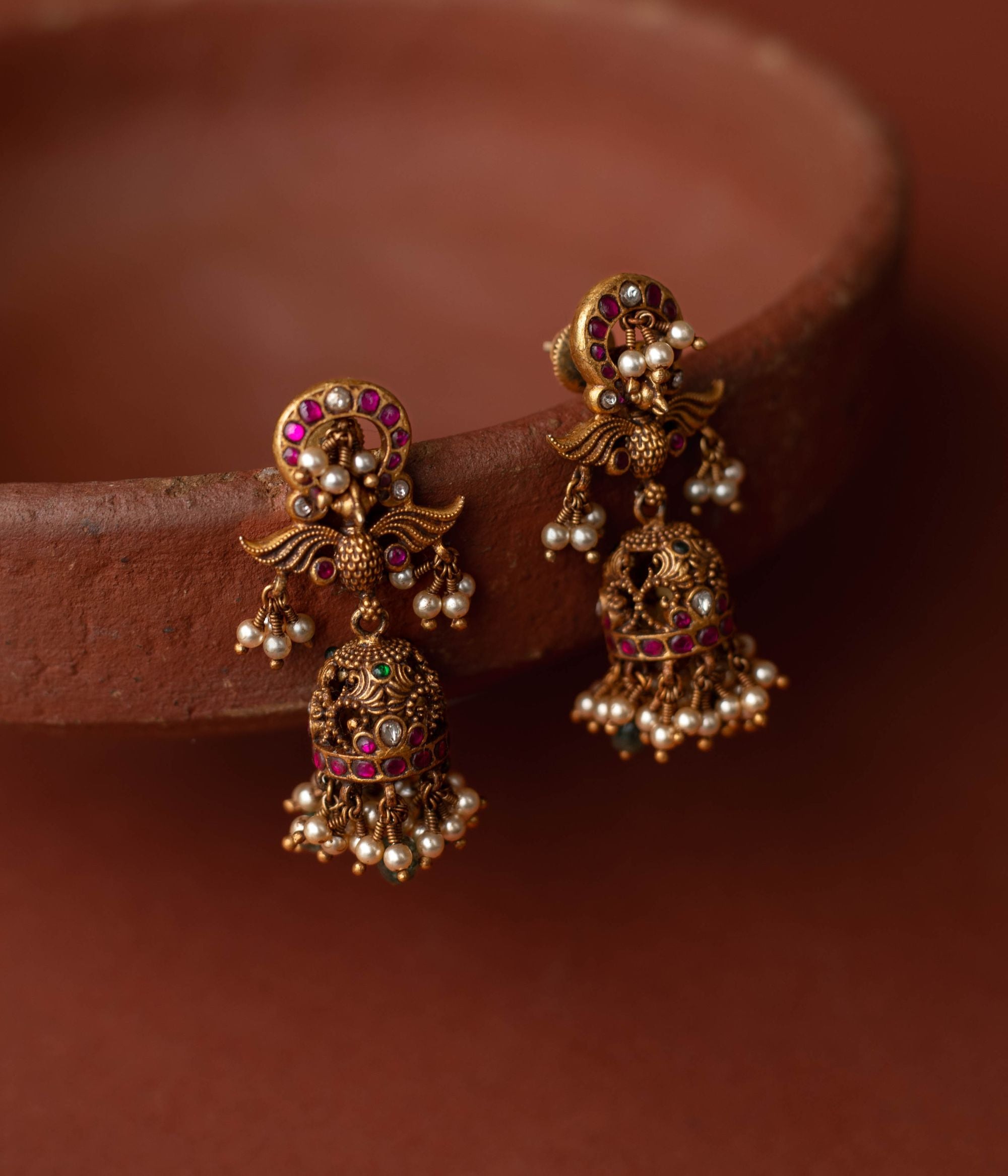 DivasMantra red green white kundan jhumkas