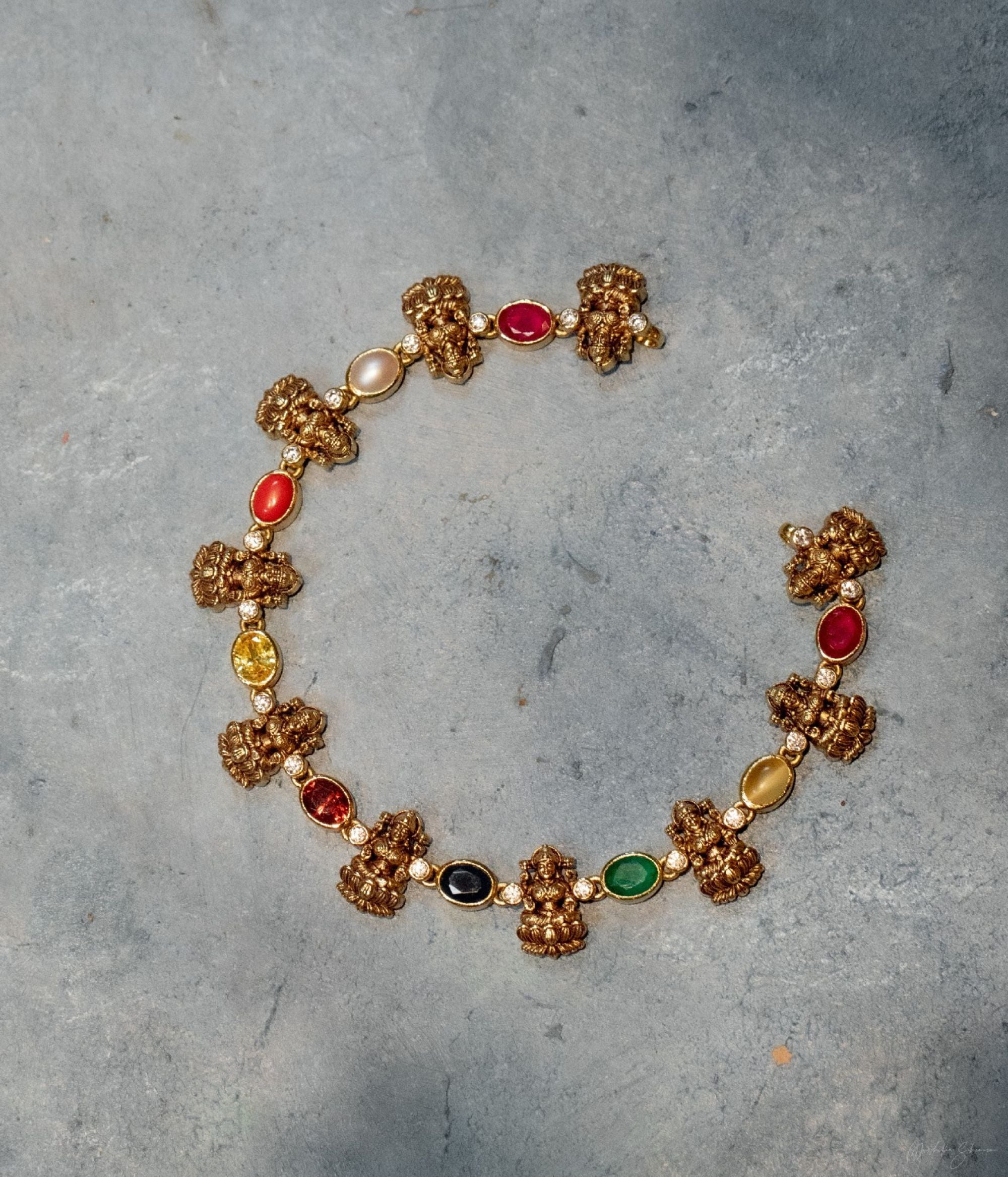 Handcrafted Navratna Necklace in Sterling Silver and 22ct Gold Plating