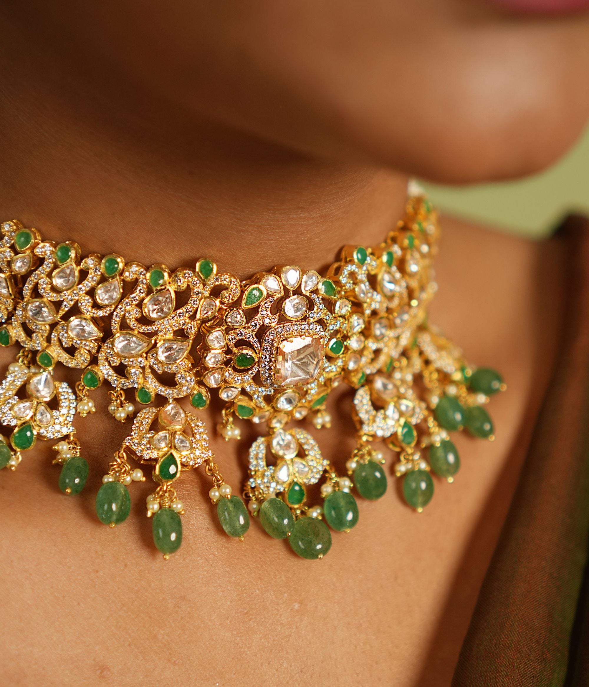 Handcrafted Ditea Necklace with Polki CZ and Green Gemstones