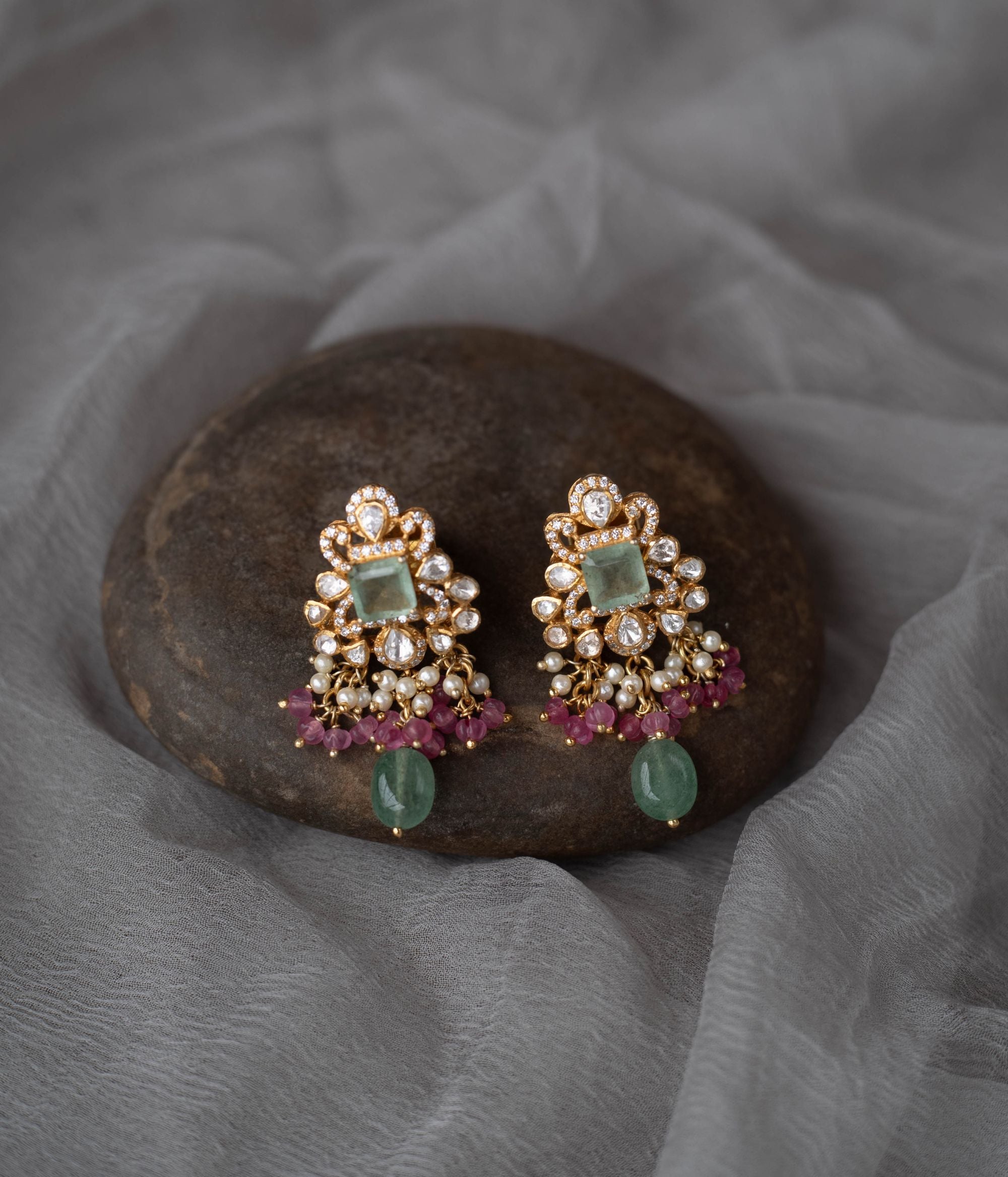 Ira Earrings in 92.5 Silver with Moissanite Polki Stones