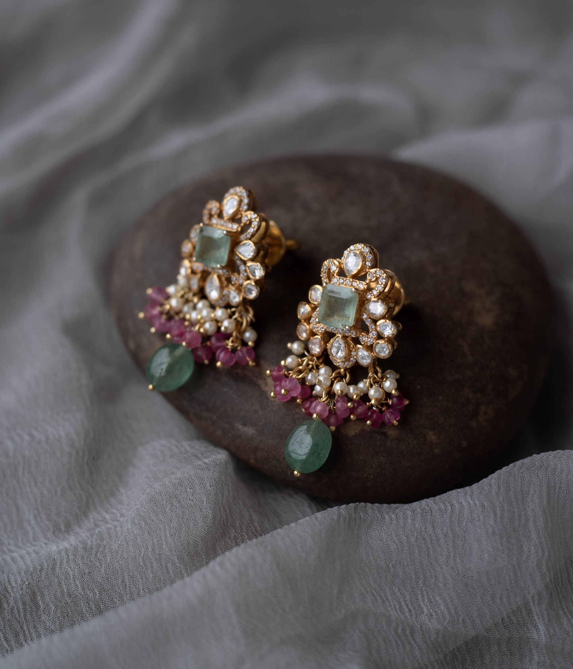 Green and Polki Moissanite Earrings with Bombay Screw Fastening