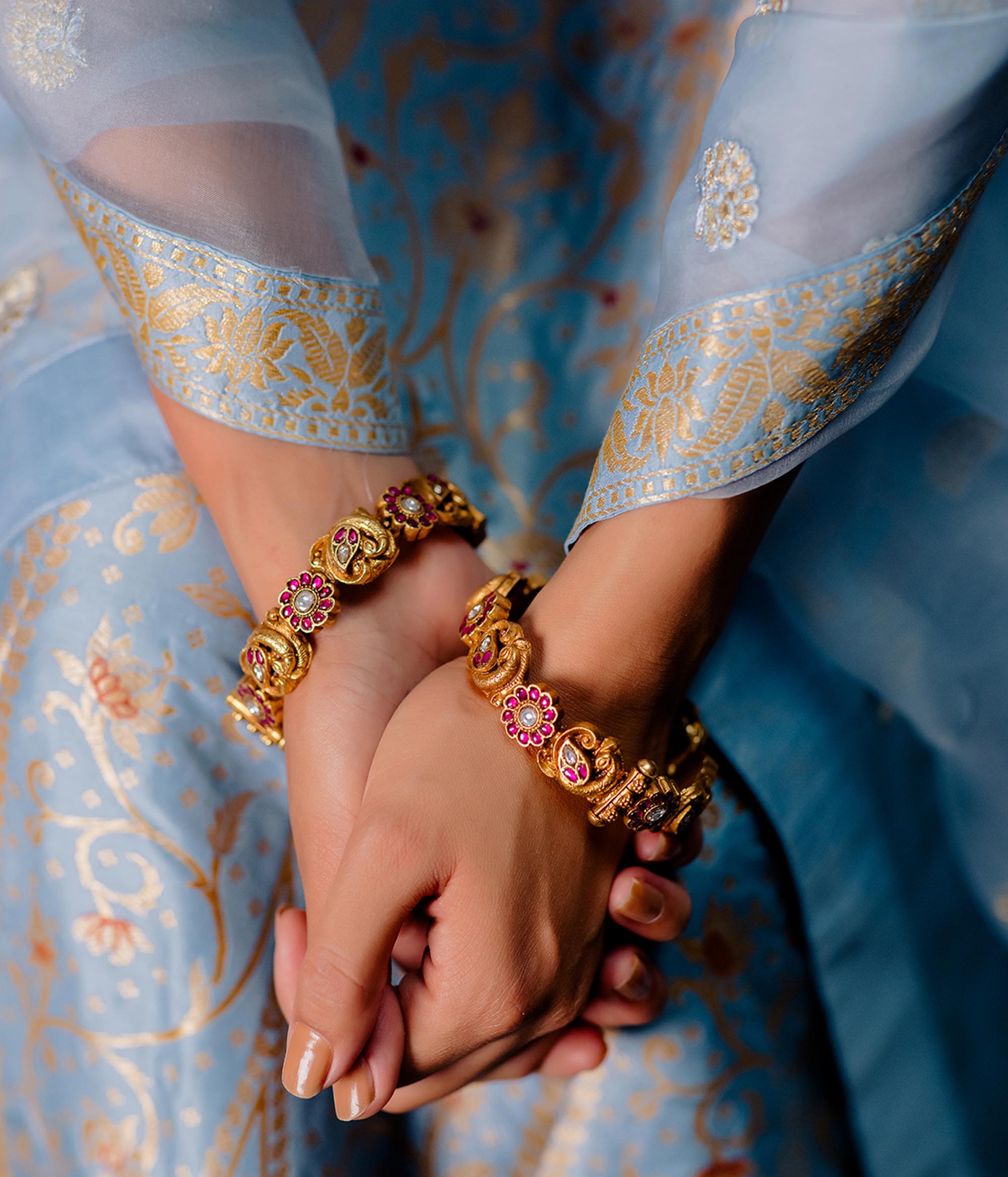 Traditional Indian Silver Kada with Kundan Work