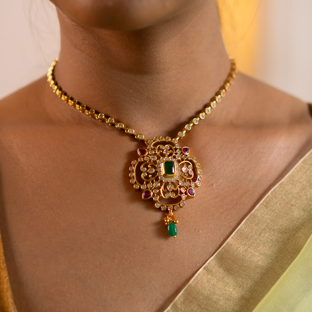 Eden Necklace in 92.5 Silver with 22ct Gold Plating and Kundan Stones