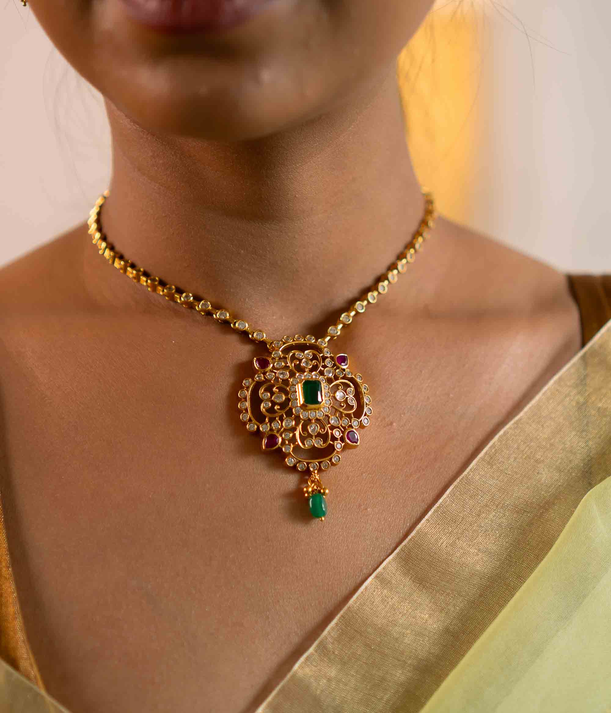 Handmade gold plated silver necklace with red Kundan and green spinel