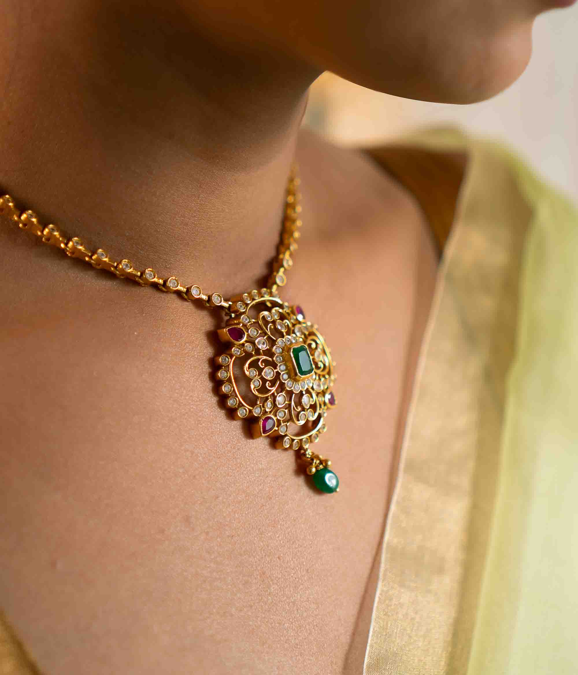 DivasMantra Eden Necklace with green beads and sterling silver base