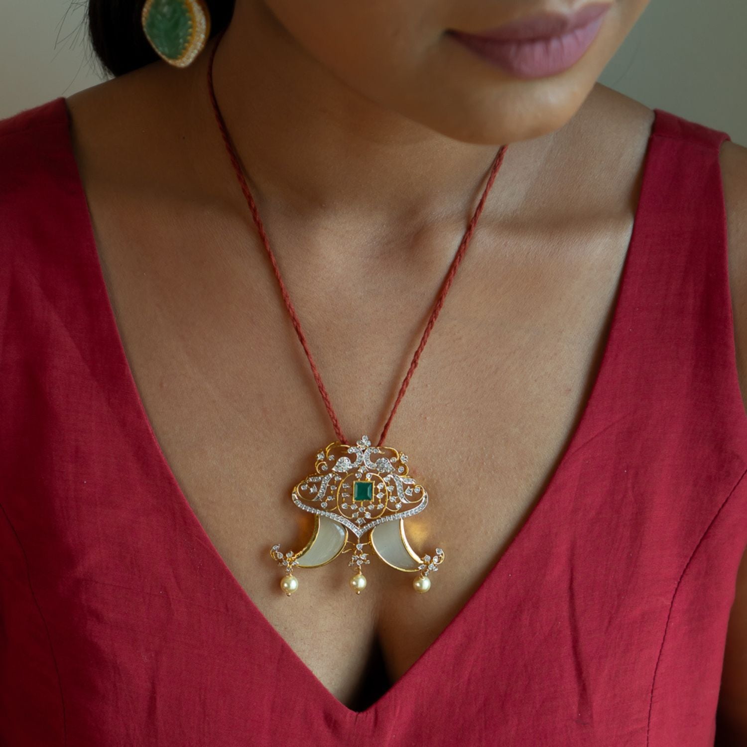 Eden Pendant in 92.5 Silver with Green Cut Stones CZ and Pearls