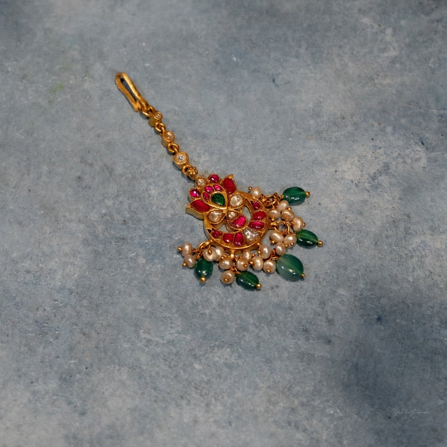 Ednita Kundan Tikka in 92.5 Silver Gold Plated with Red Green White Stones