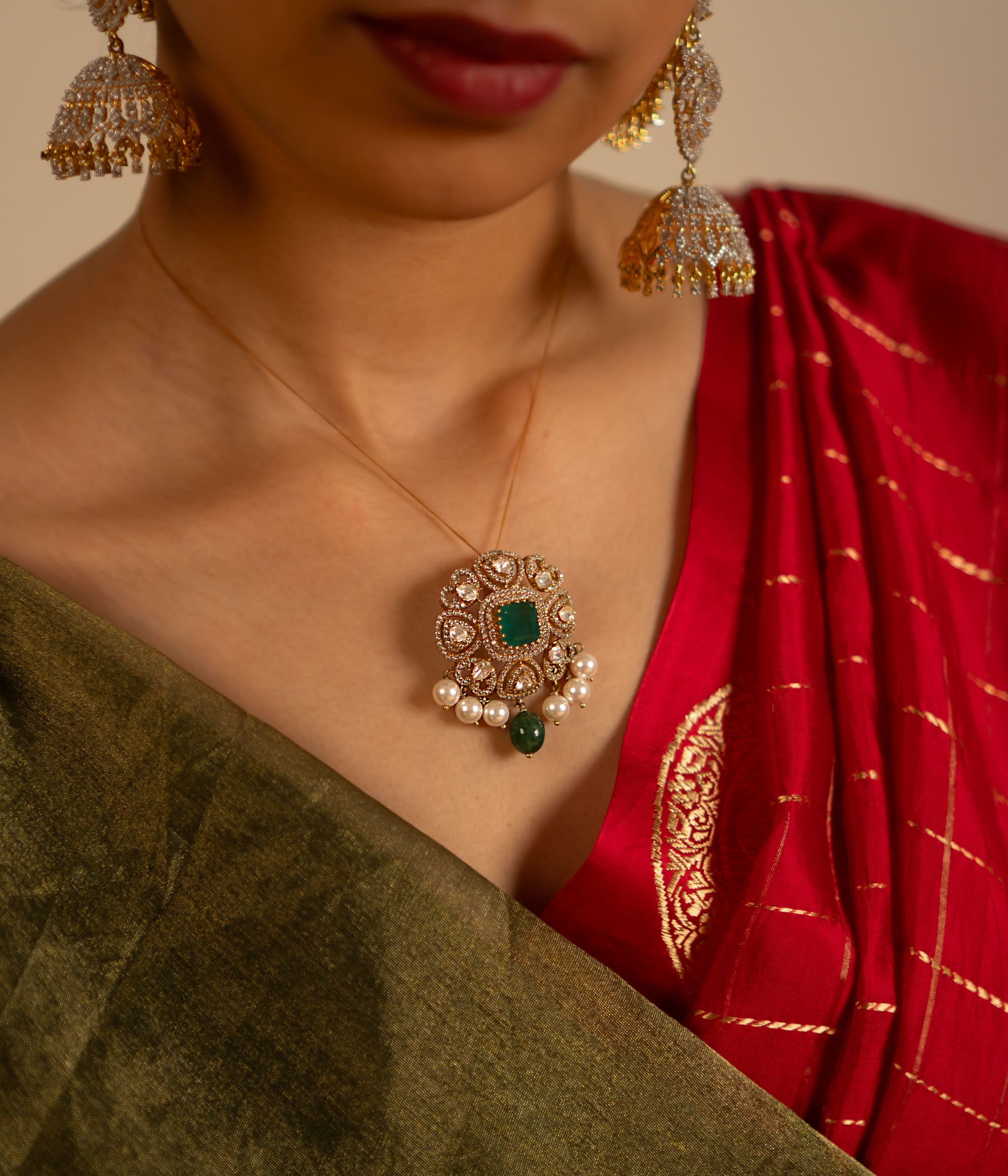 DivasMantra Eena Pendant Victorian antique gold finish with gemstone accents