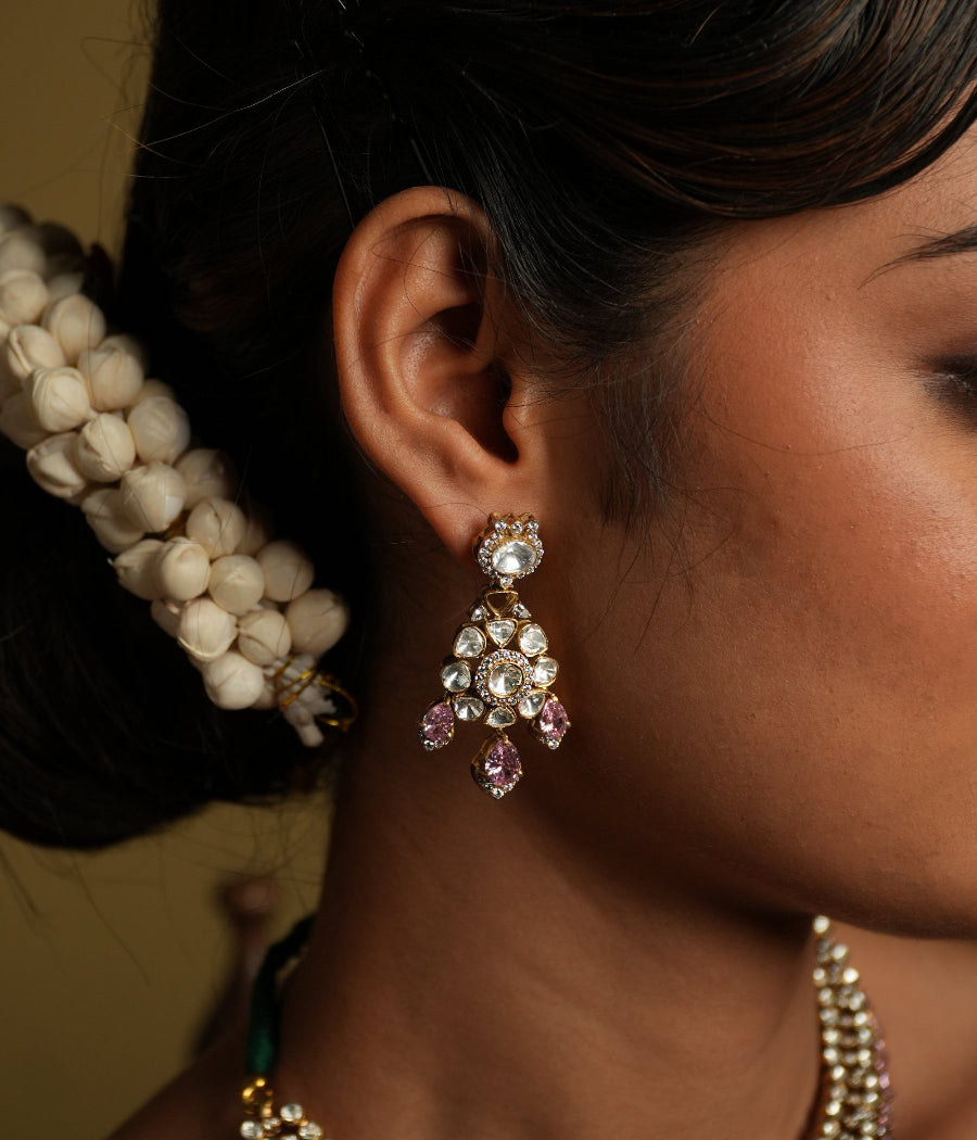 Traditional Polki Silver Earrings with Bombay Screw Fastening