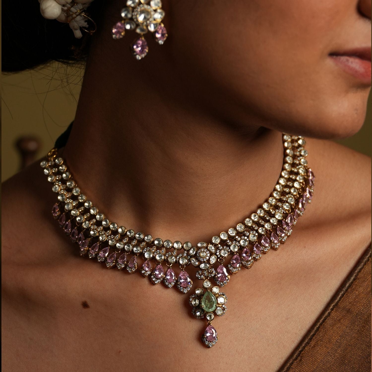 Ela Necklace 92.5 Silver with Moissanite Polki CZ Pink Green Tourmaline