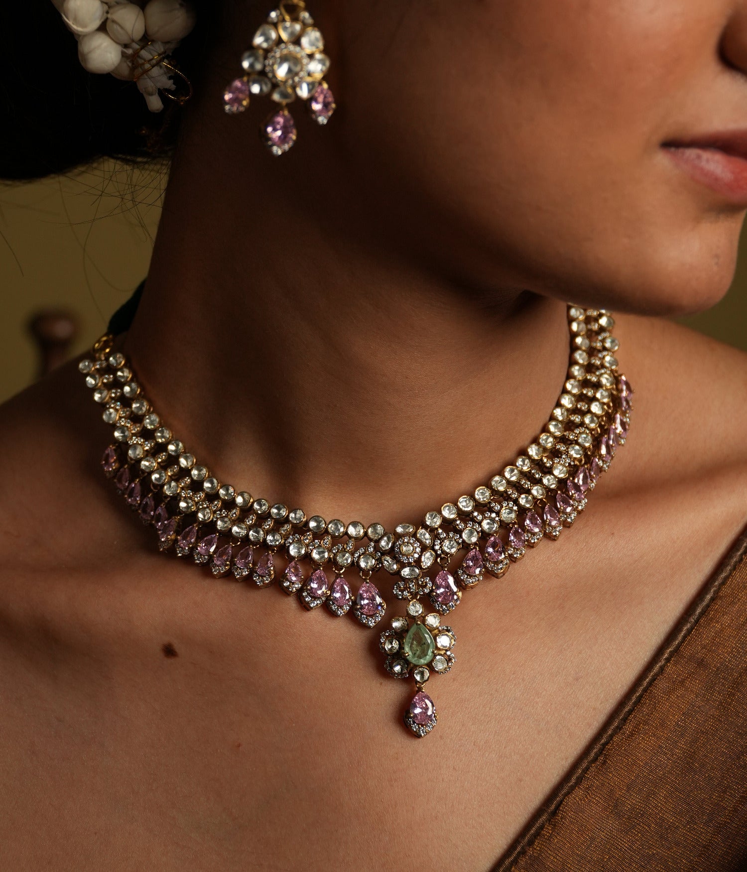 Handmade Silver Necklace with Polki Stones and Tourmaline