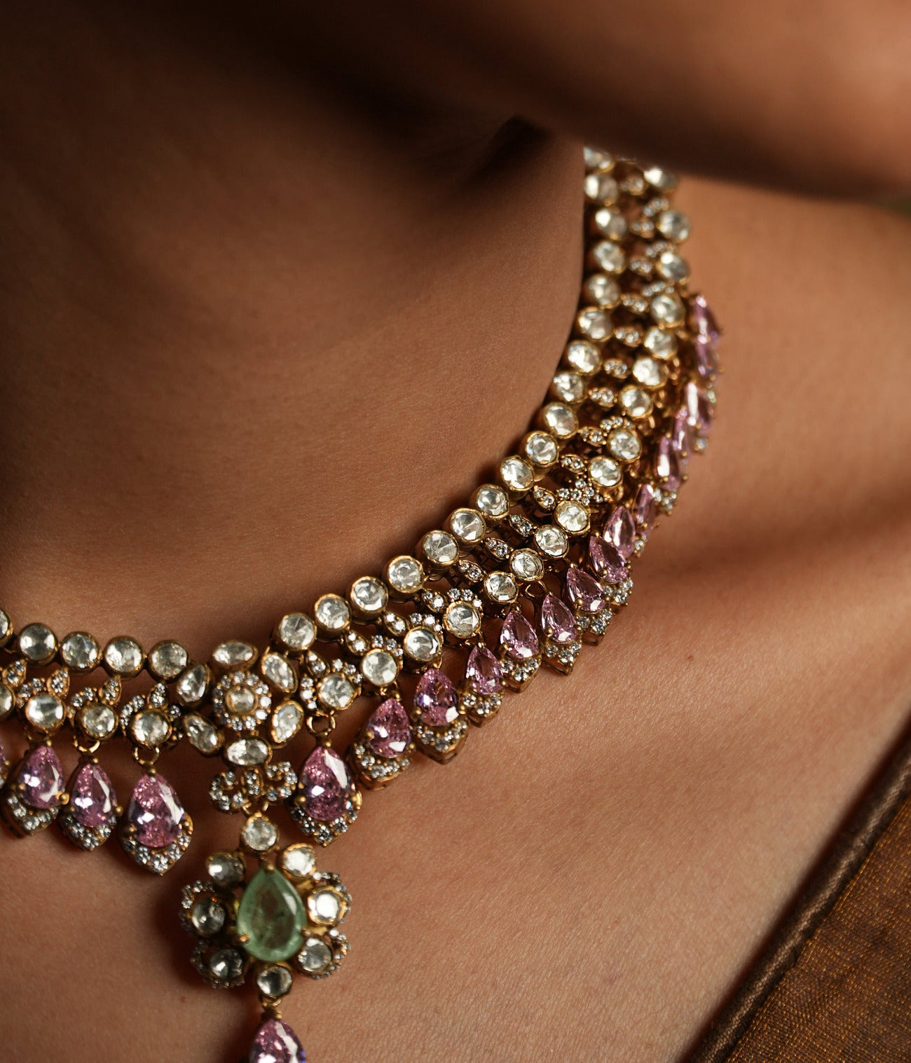 Elegant Ela Necklace Sterling Silver with CZ Pink and Green Tourmaline