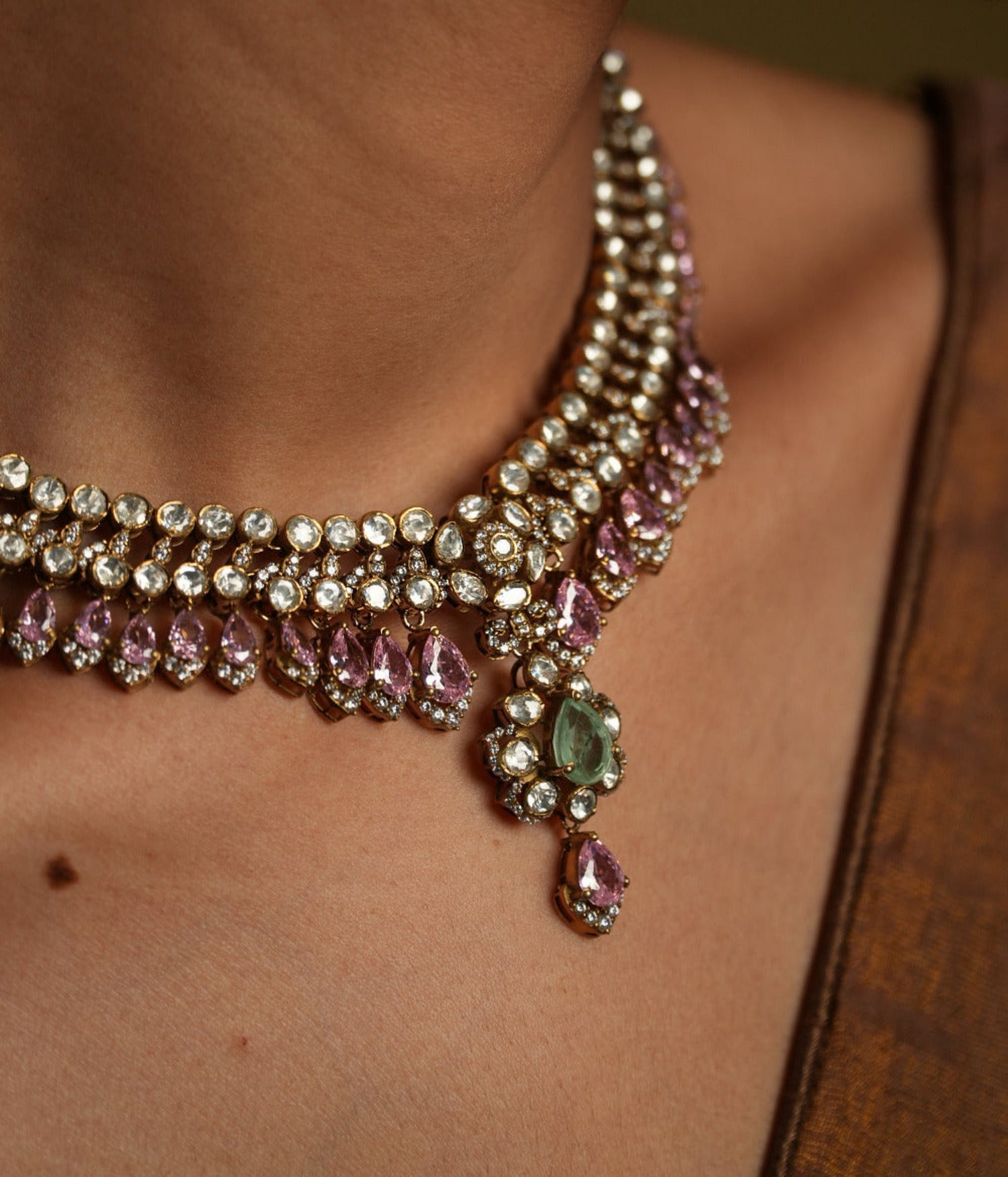 Traditional Silver Necklace with Moissanite Polki and Tourmaline Stones