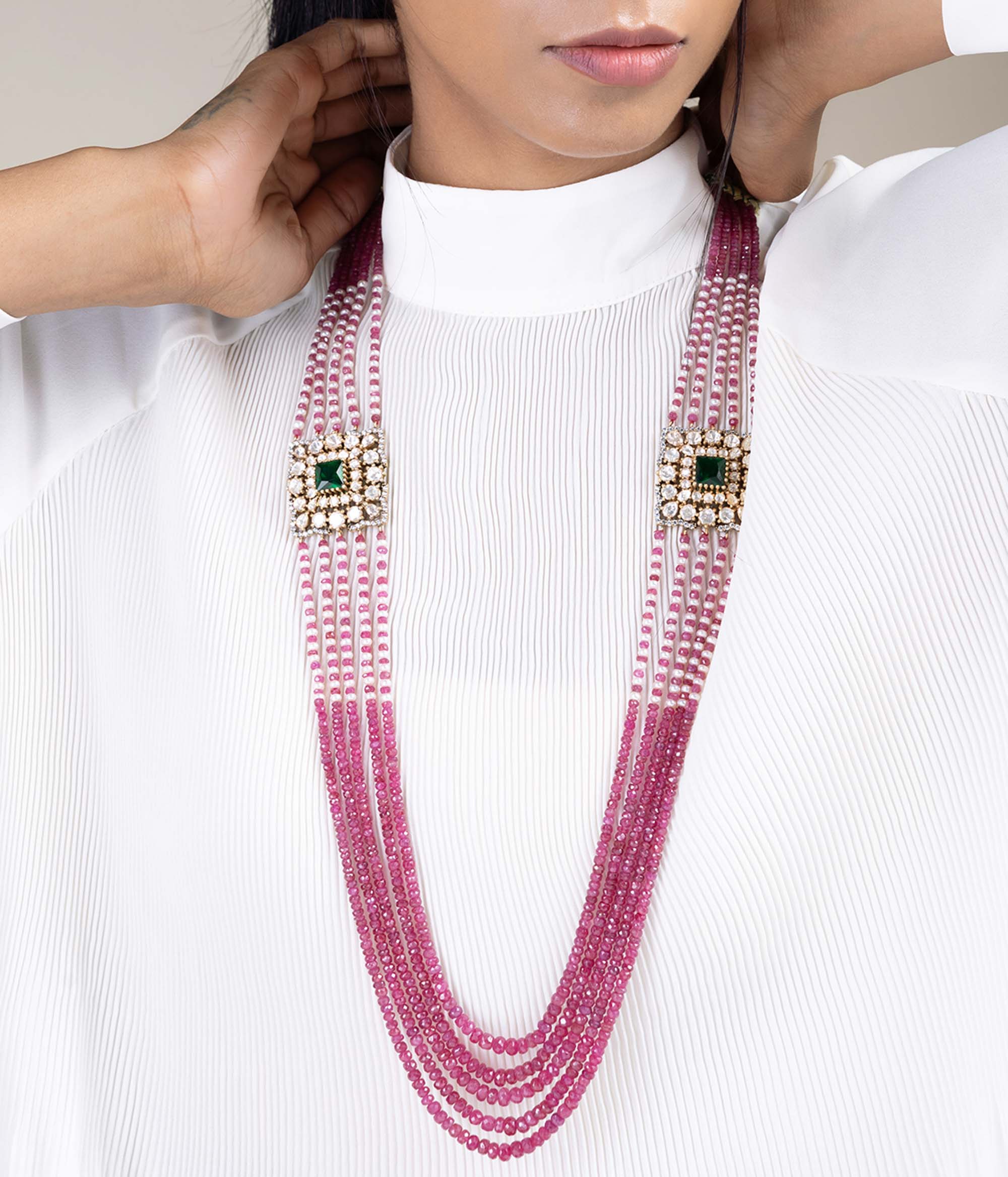 Handmade Elaya Ruby Polki Silver Necklace with Pearls