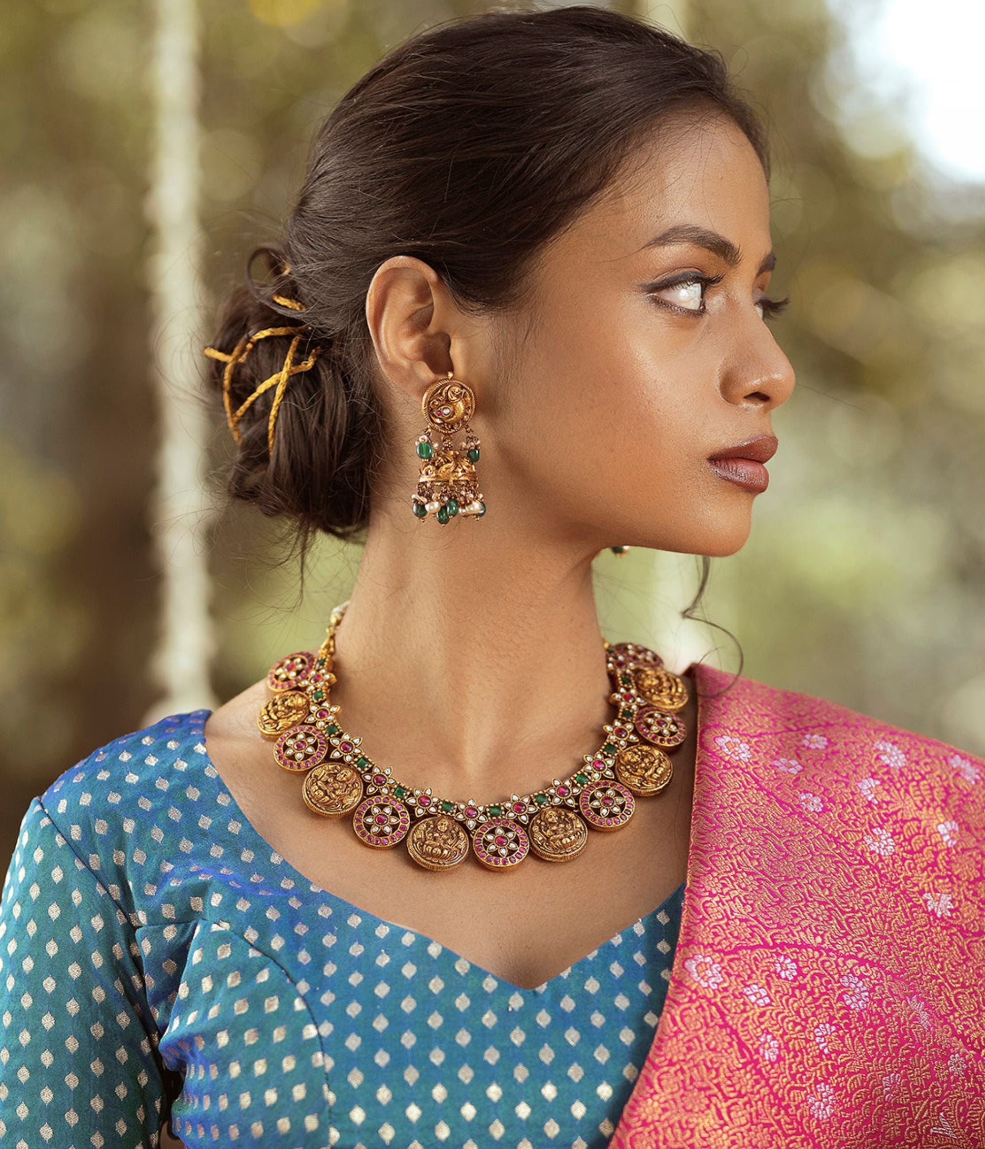 Handcrafted silver necklace with multicolor Kundan stones