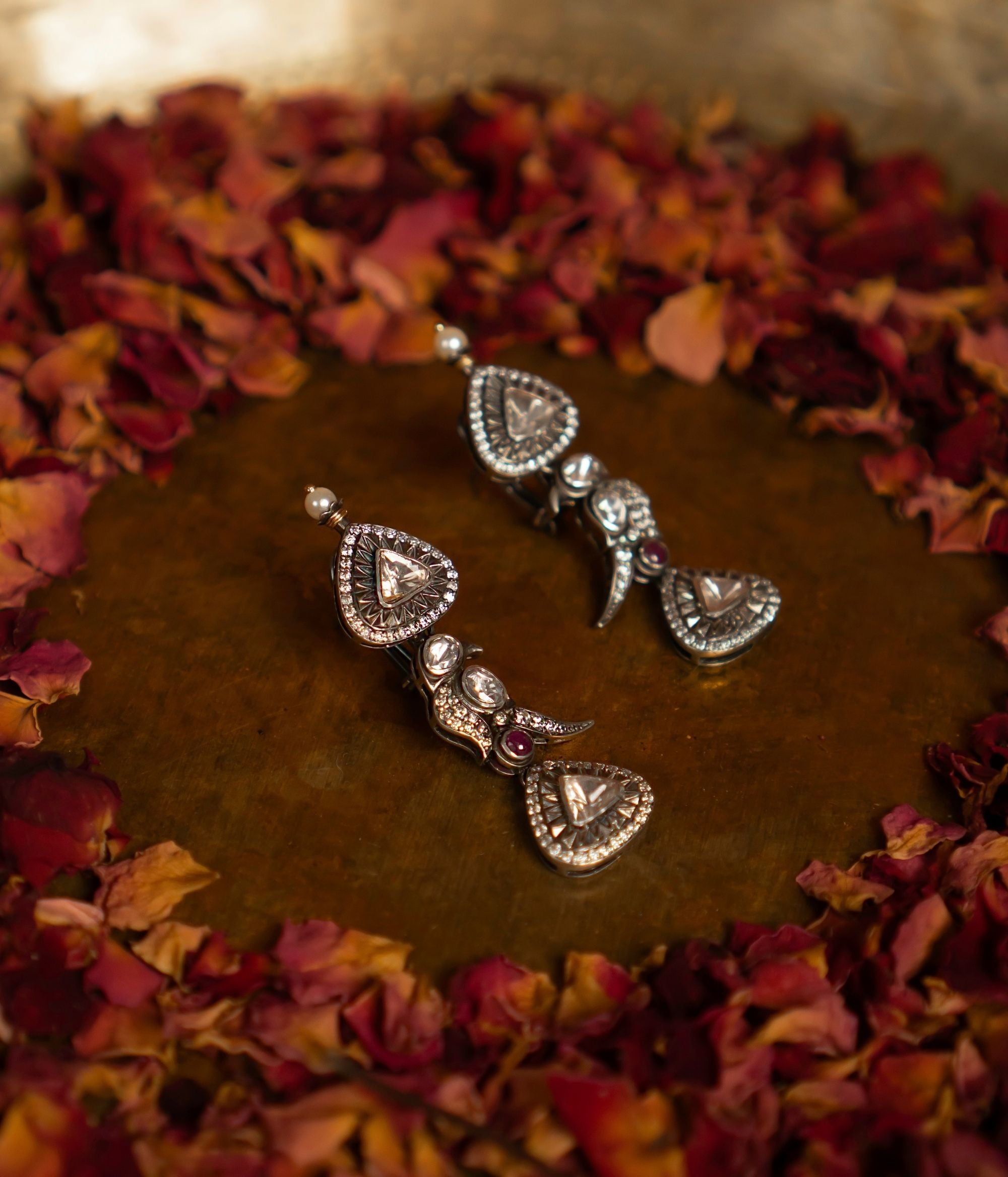 Close-up of Ember Handcrafted Moissanite Polki Earrings – DivasMantra
