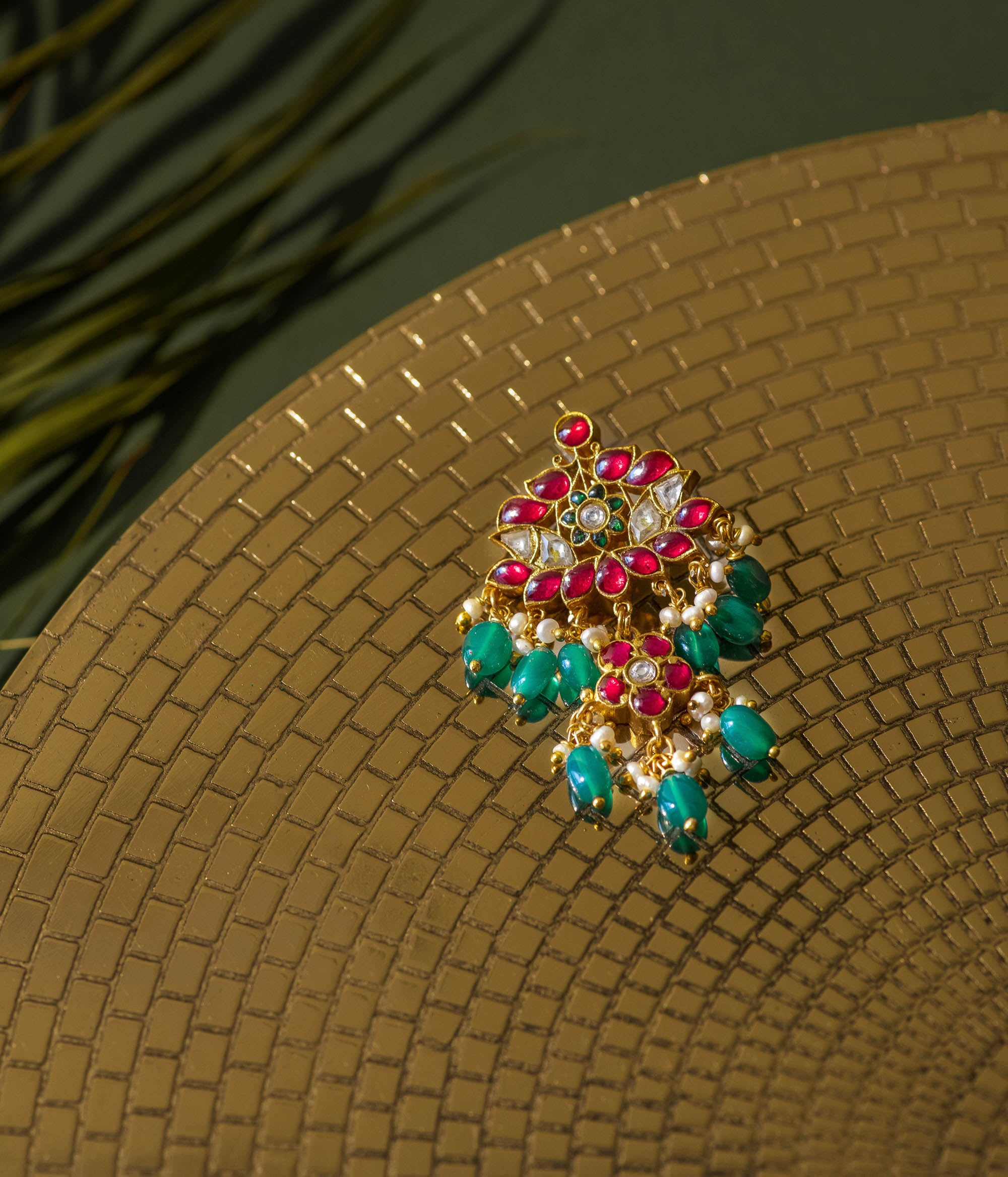 Traditional Silver Pendant with Red Kundan and Green Beads
