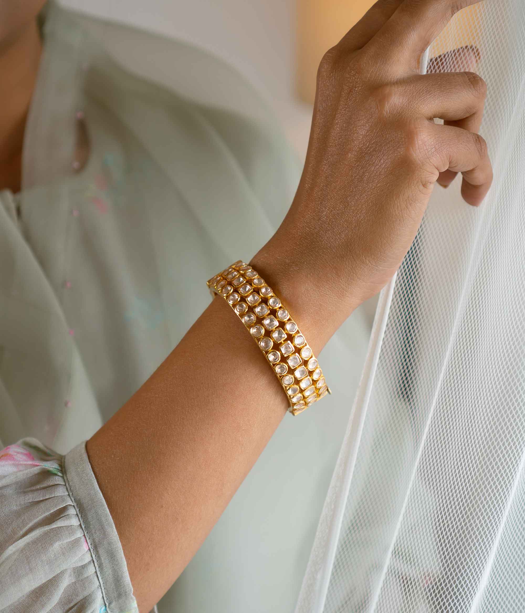 Traditional Silver Screw Type Bangle with Polki Stone Work