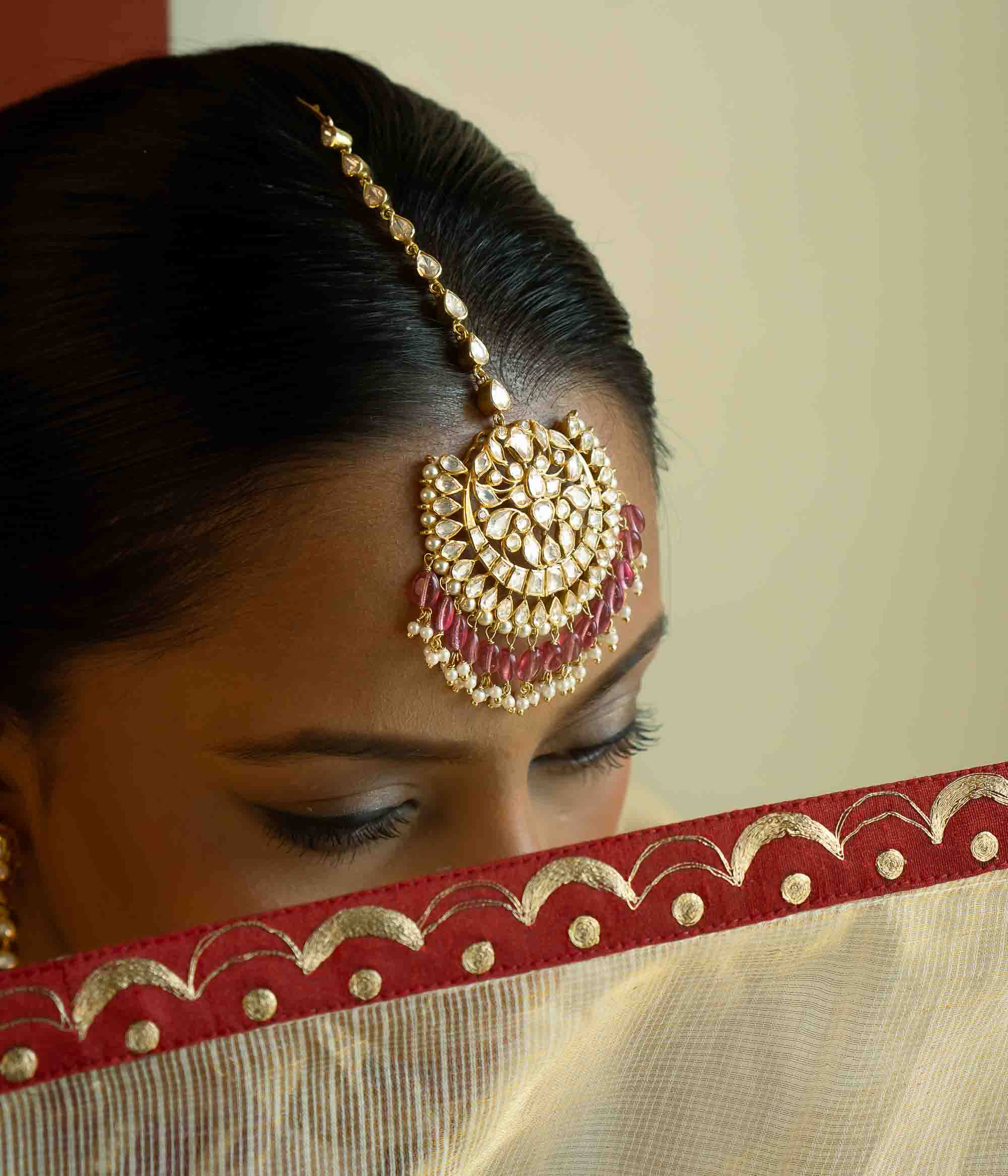 Handmade Silver Maangtika with Pearls and Dangling Pink Gemstones