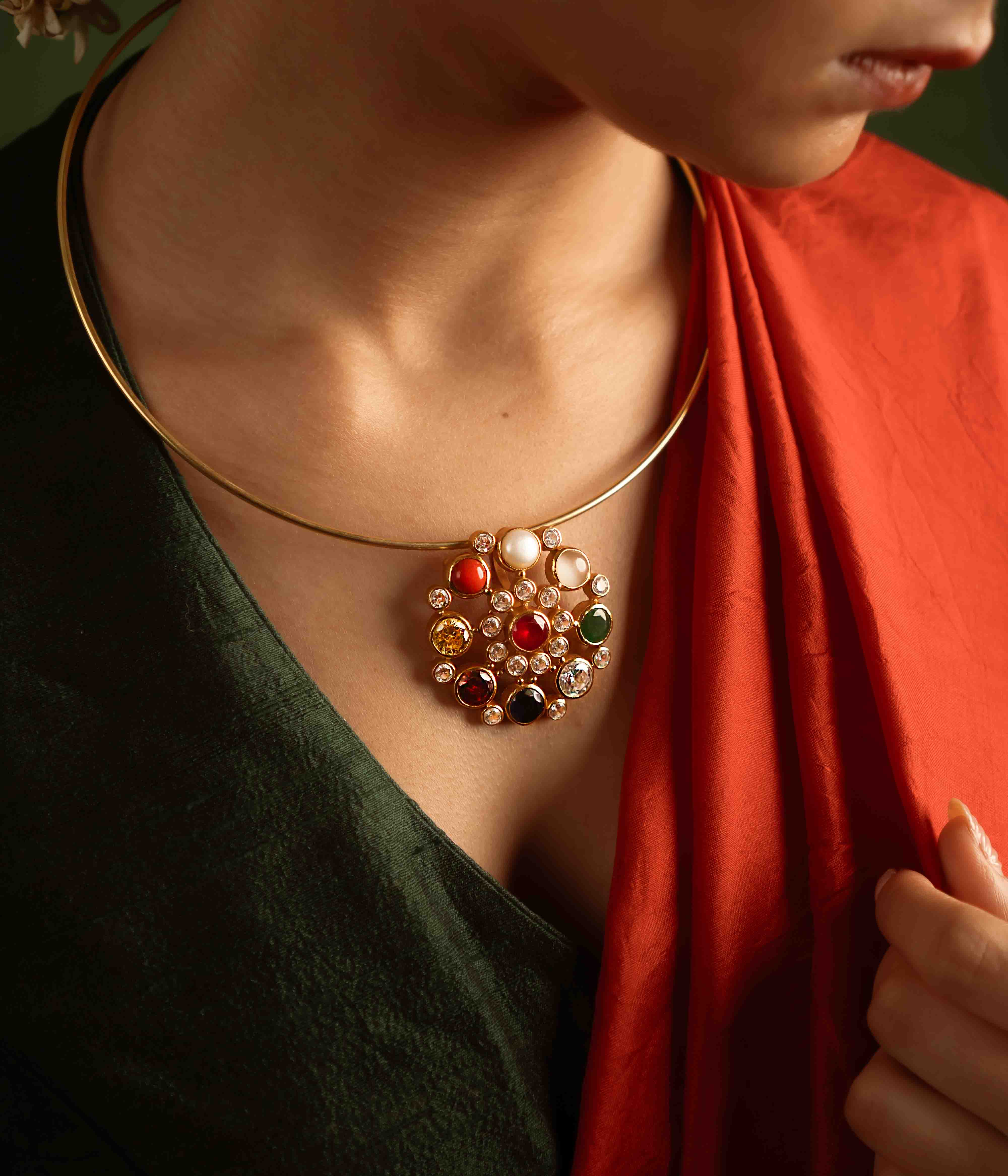 Elegant Navratna and CZ stone silver pendant for women