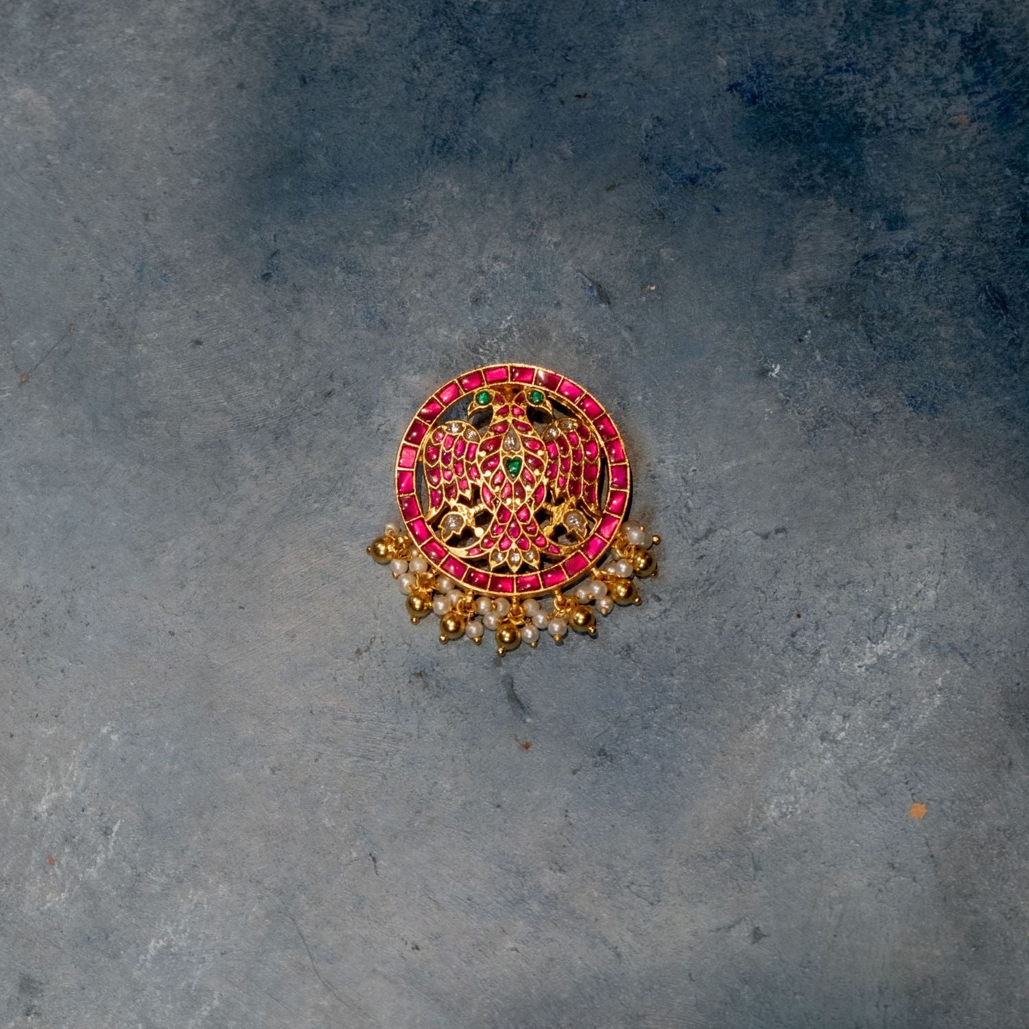 Gandaberunda Kundan Pendant in 92.5 Sterling Silver with red, green, and white Kundan stones
