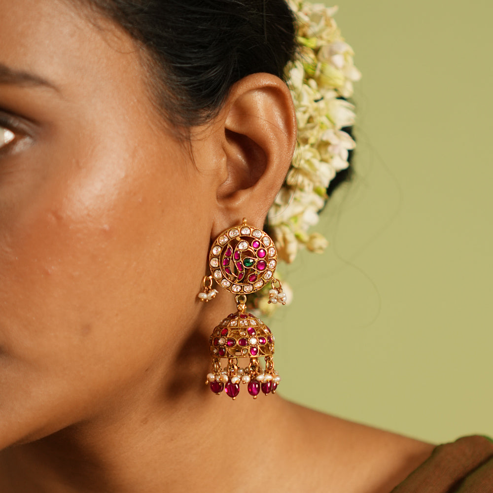 Handcrafted Gatha Kundan Jhumka earrings in silver and gold plating