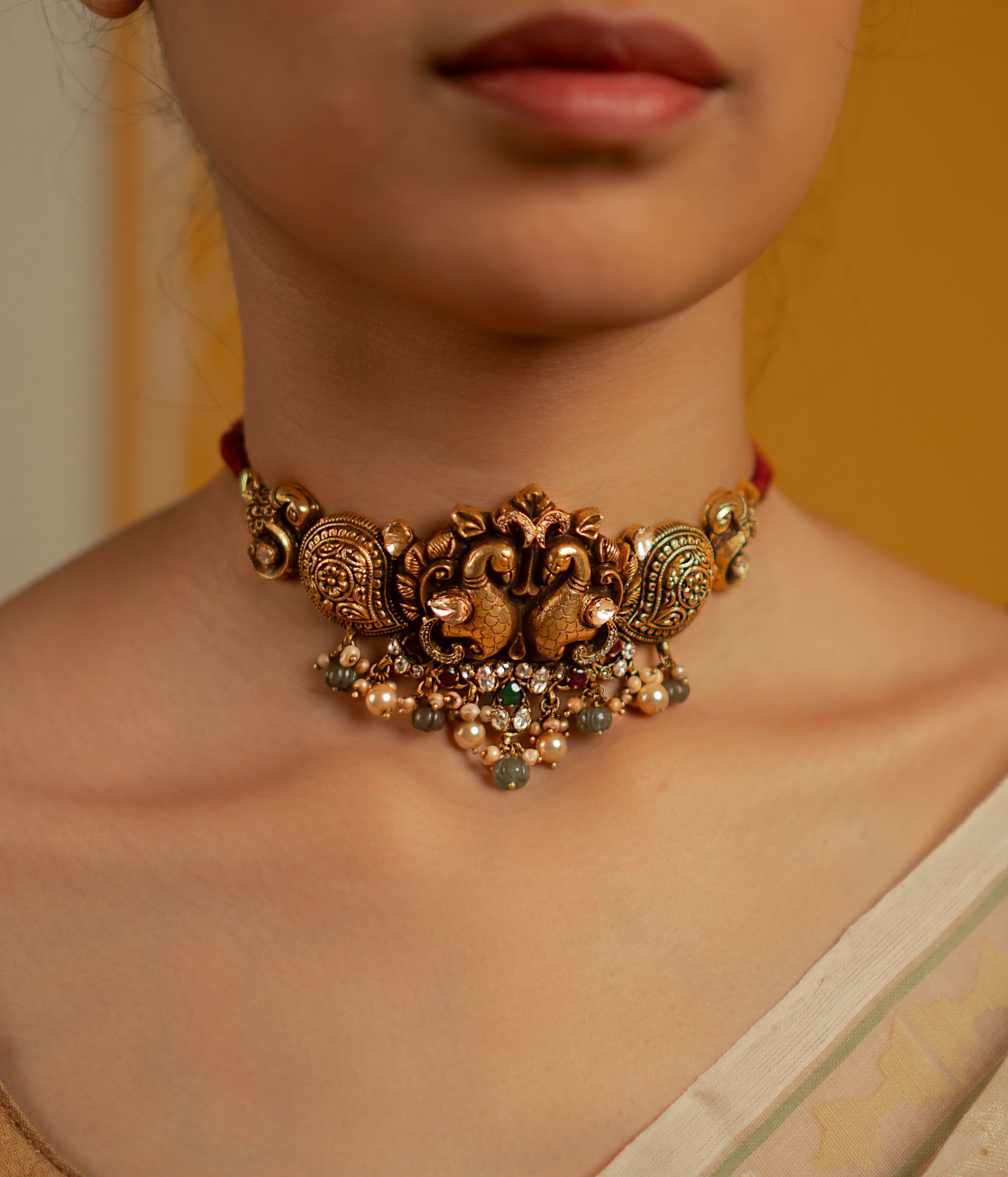 Handmade Gold Plated Silver Choker with Pearls and Green Beads