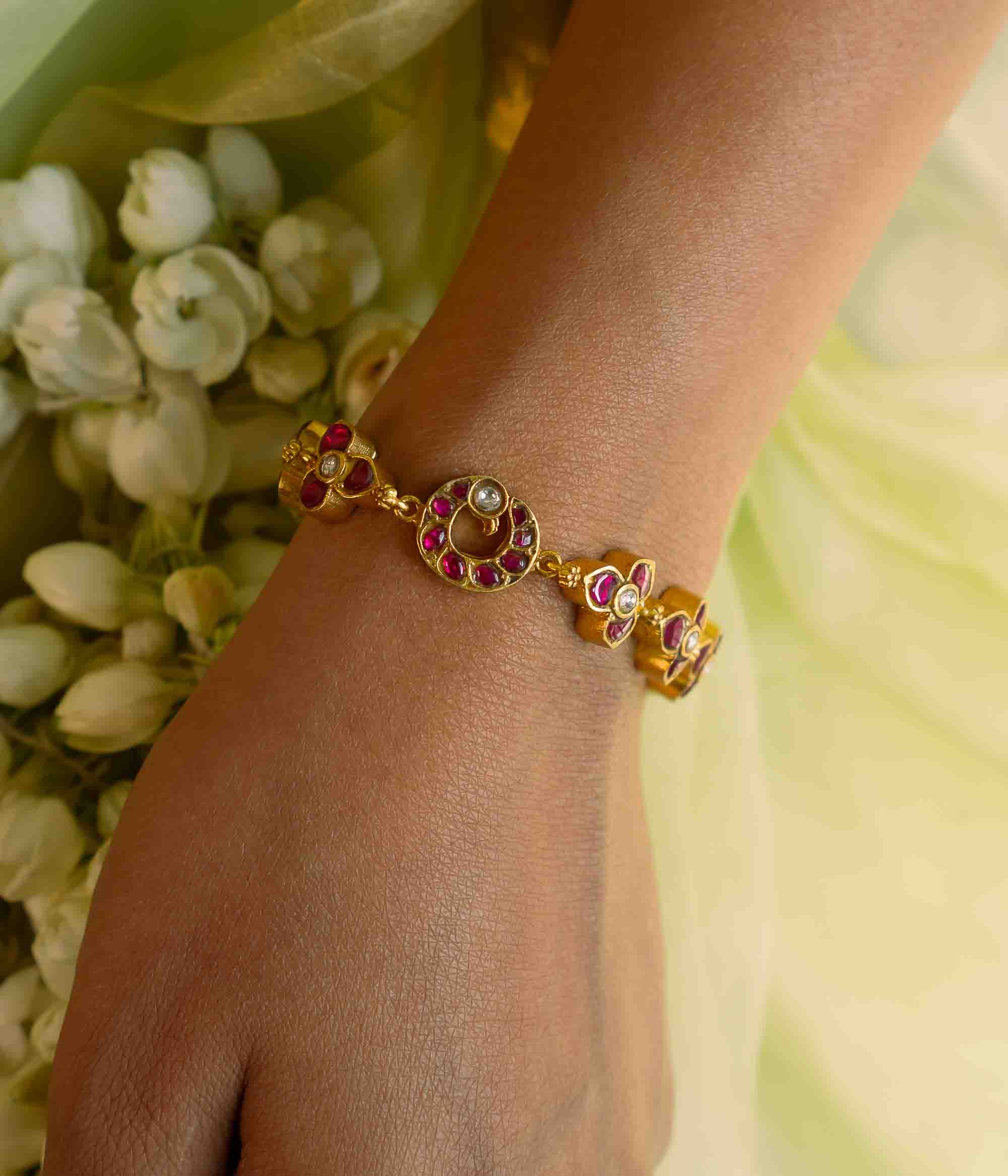 Handcrafted gold plated Giza Bracelet with floral peacock design
