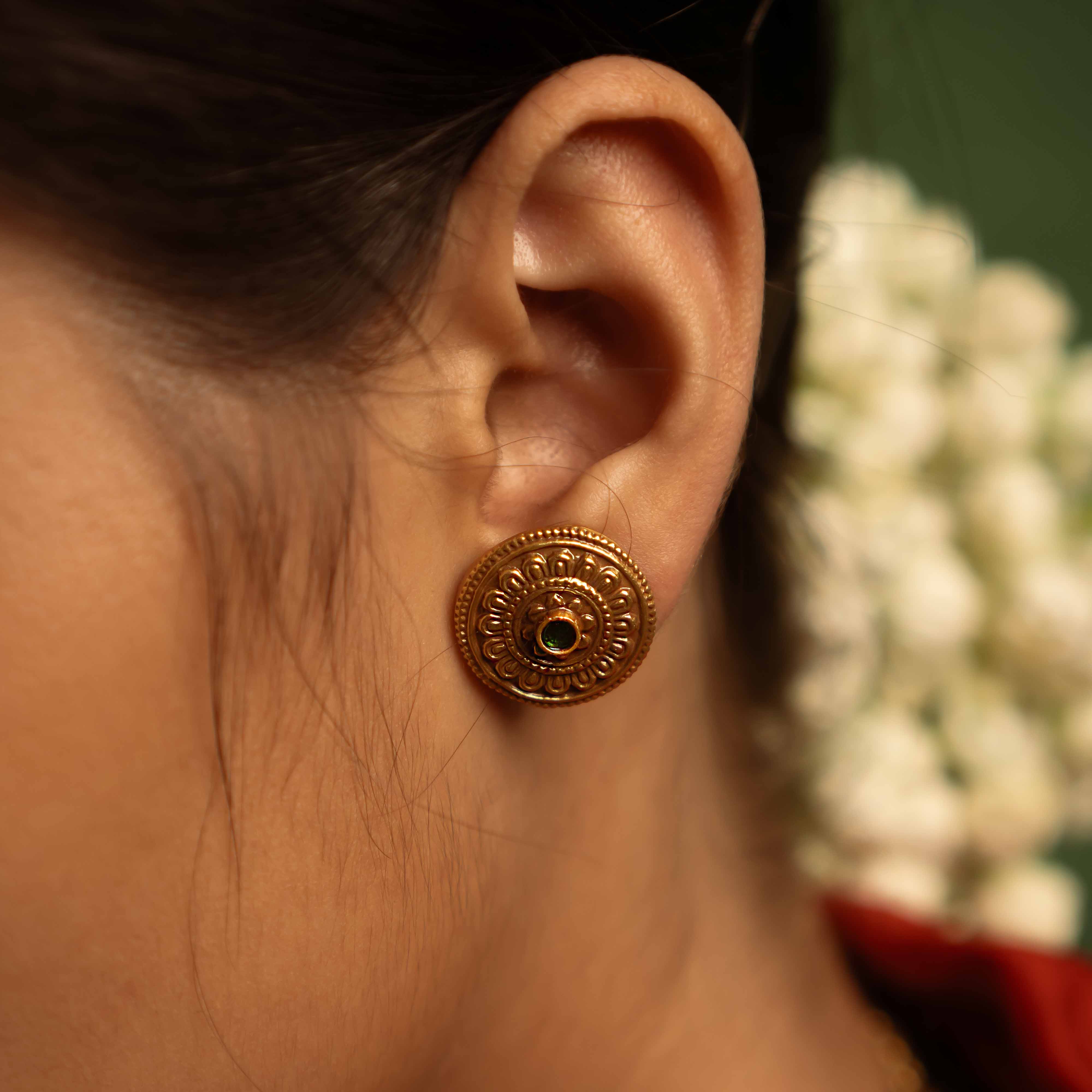 Sacred whispers captured! Gulbahar earrings (gold-plated silver) radiate the essence of Kohlapuri heritage, blending spiritual elegance with modern allure.