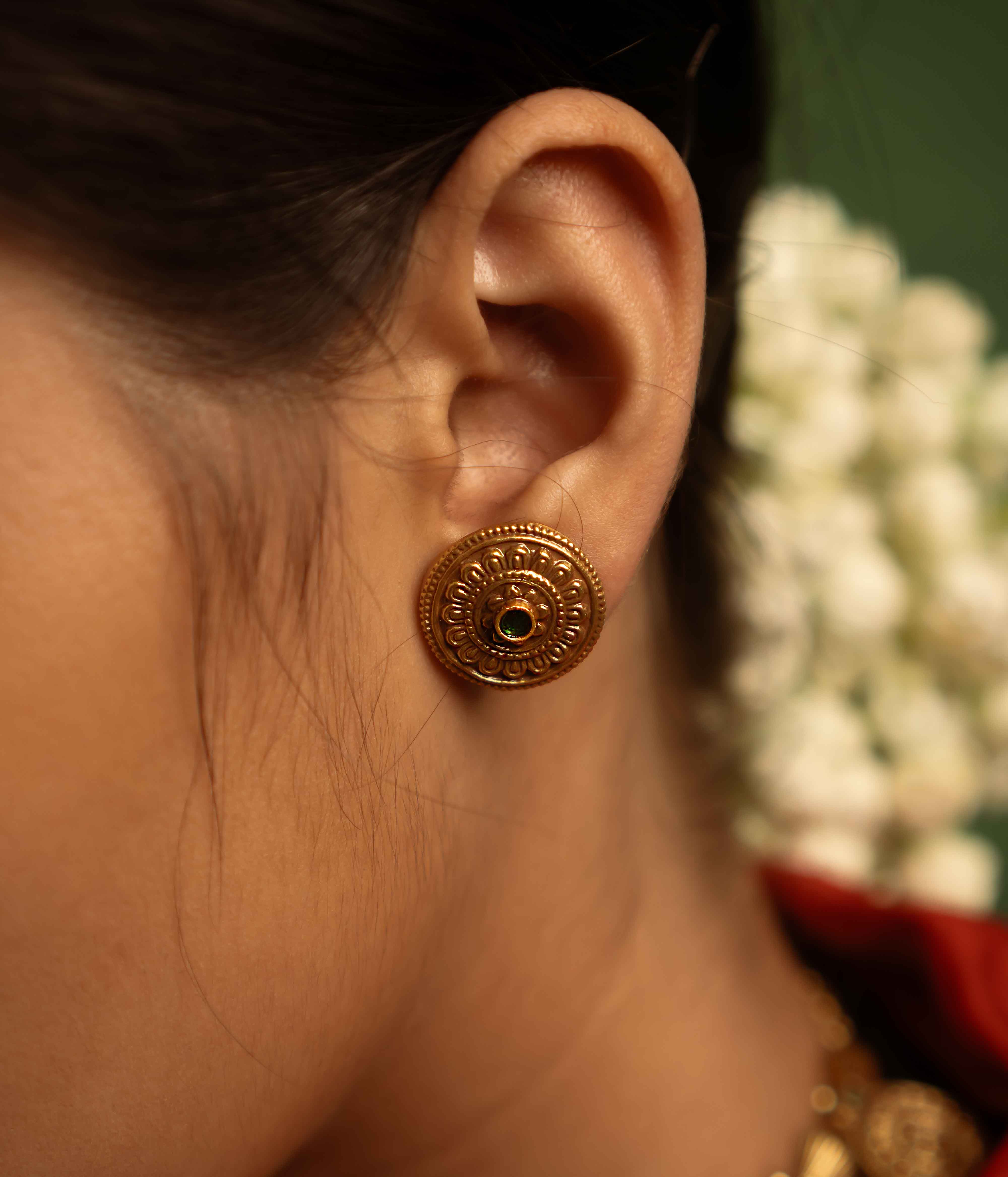 Sacred whispers captured! Gulbahar earrings (gold-plated silver) radiate the essence of Kohlapuri heritage, blending spiritual elegance with modern allure.