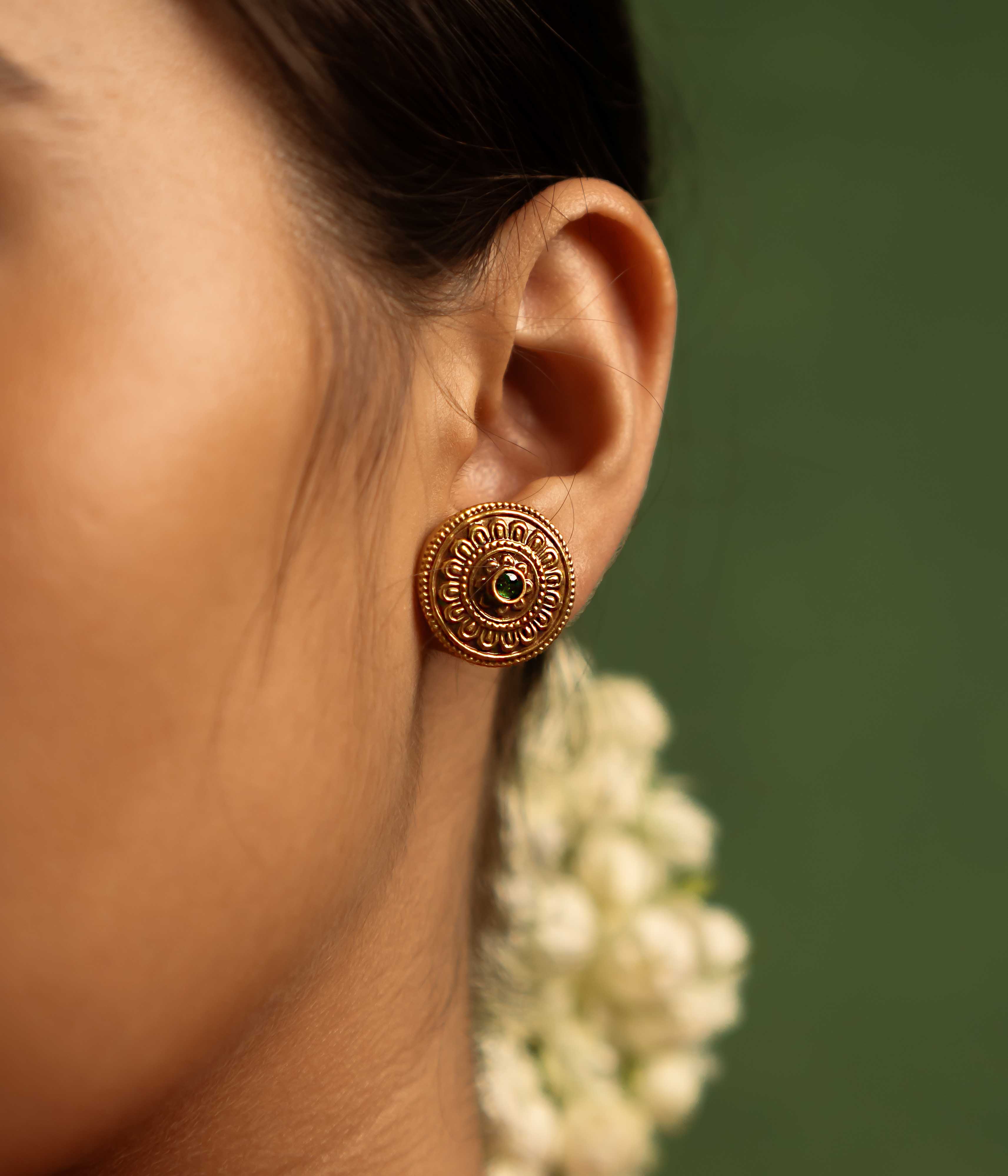 Sacred whispers captured! Gulbahar earrings (gold-plated silver) radiate the essence of Kohlapuri heritage, blending spiritual elegance with modern allure.