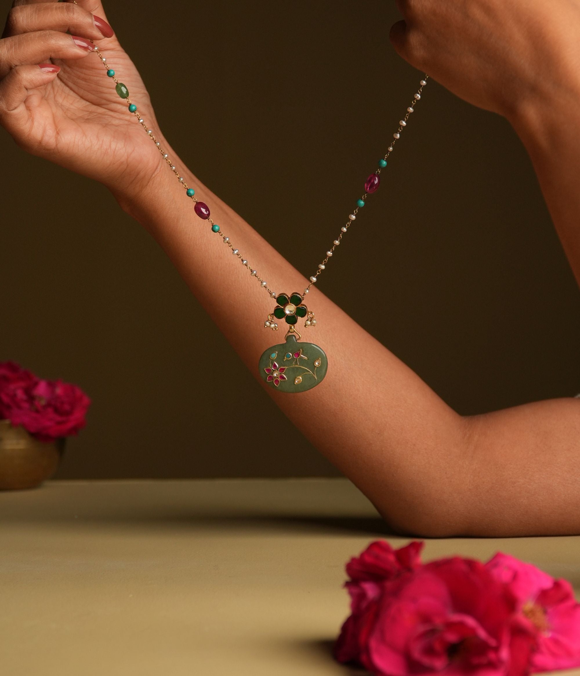 Close up of handcrafted Jadai work Silver Necklace