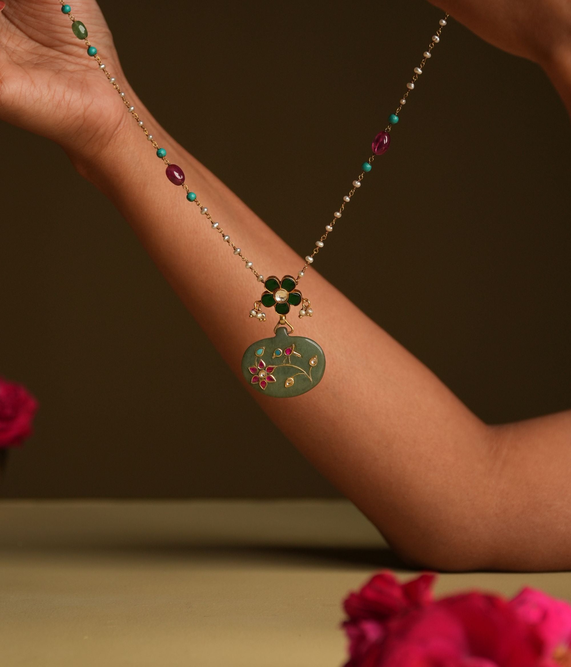 Close up of handcrafted Jadai work Silver Necklace