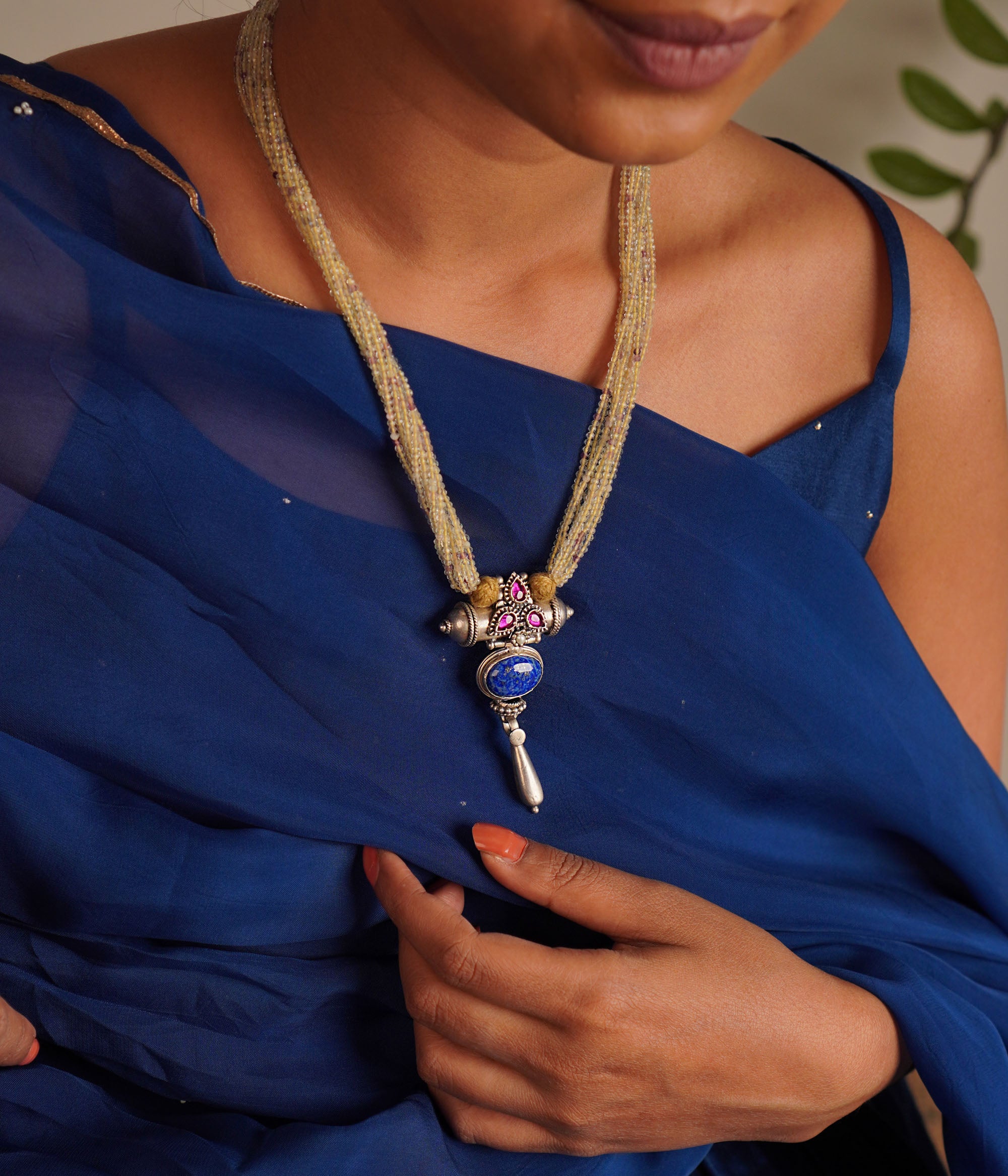 Oxidised Silver Necklace with Lapis Bead Clusters – DivasMantra