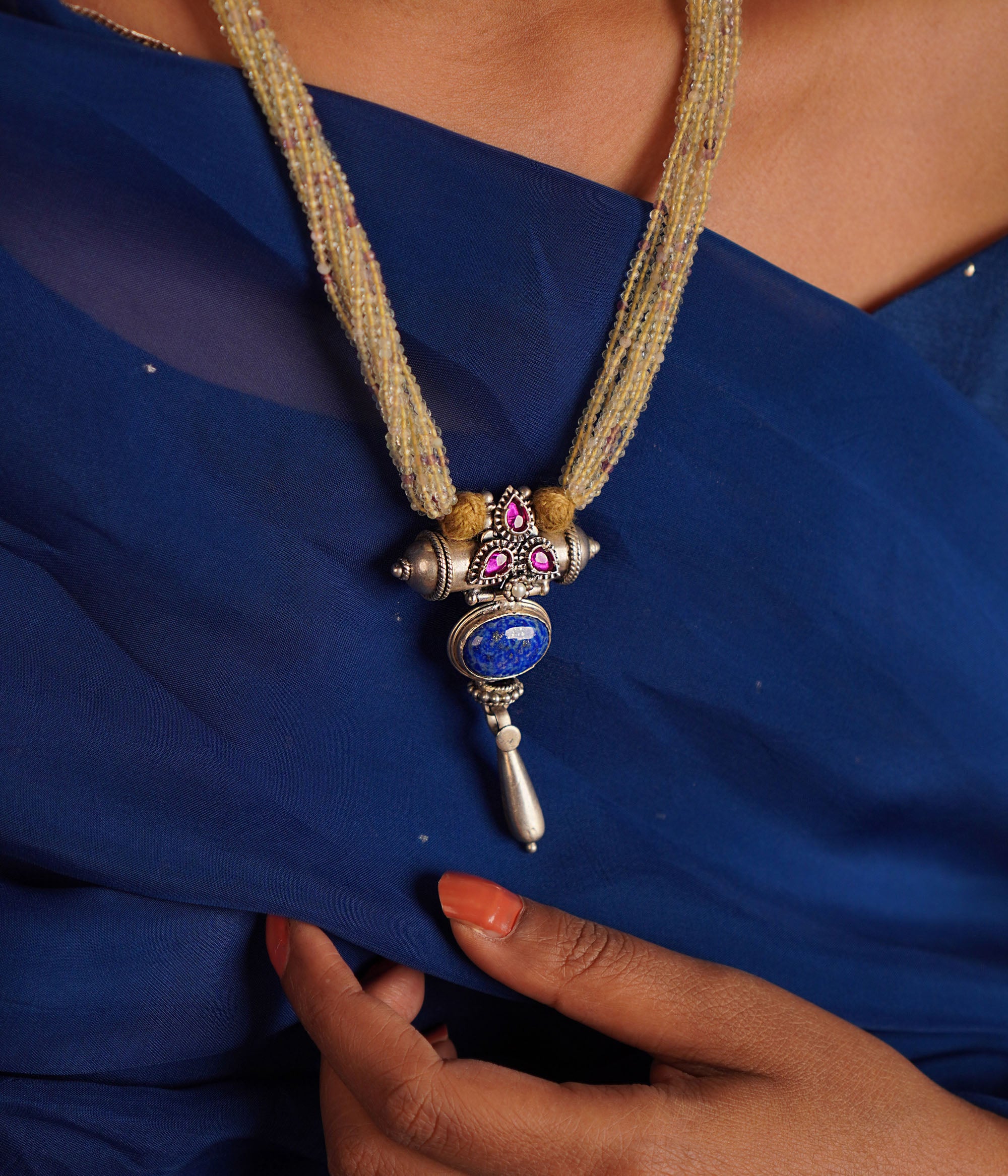 Hawthorn Oxidised Silver Necklace with White Kundan and Lapis