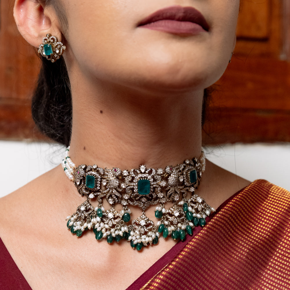 Heena Victorian Choker in 92.5 Silver with Polki Stones and Pearls