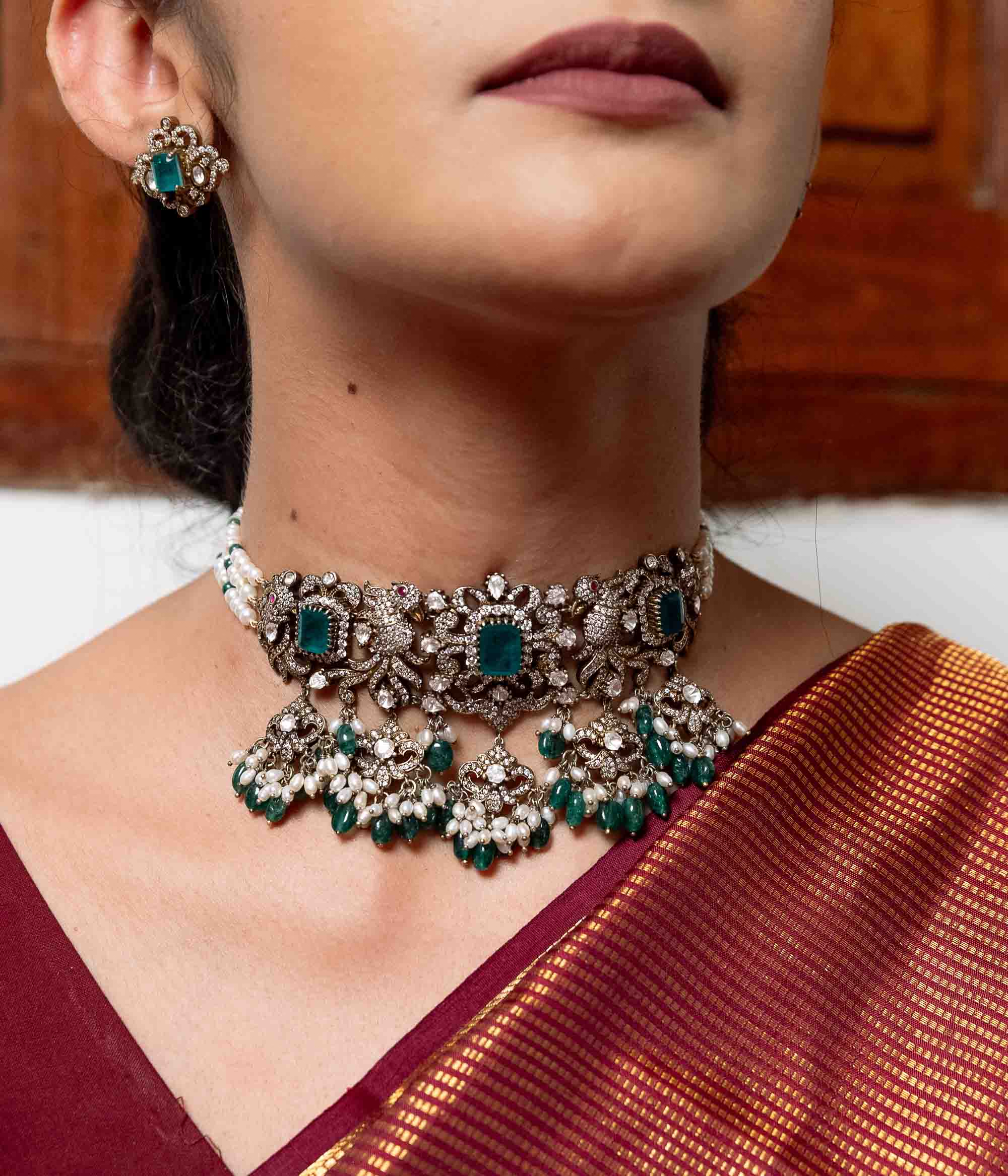 Handmade Victorian Choker Necklace with Green Gemstones and CZ Stones