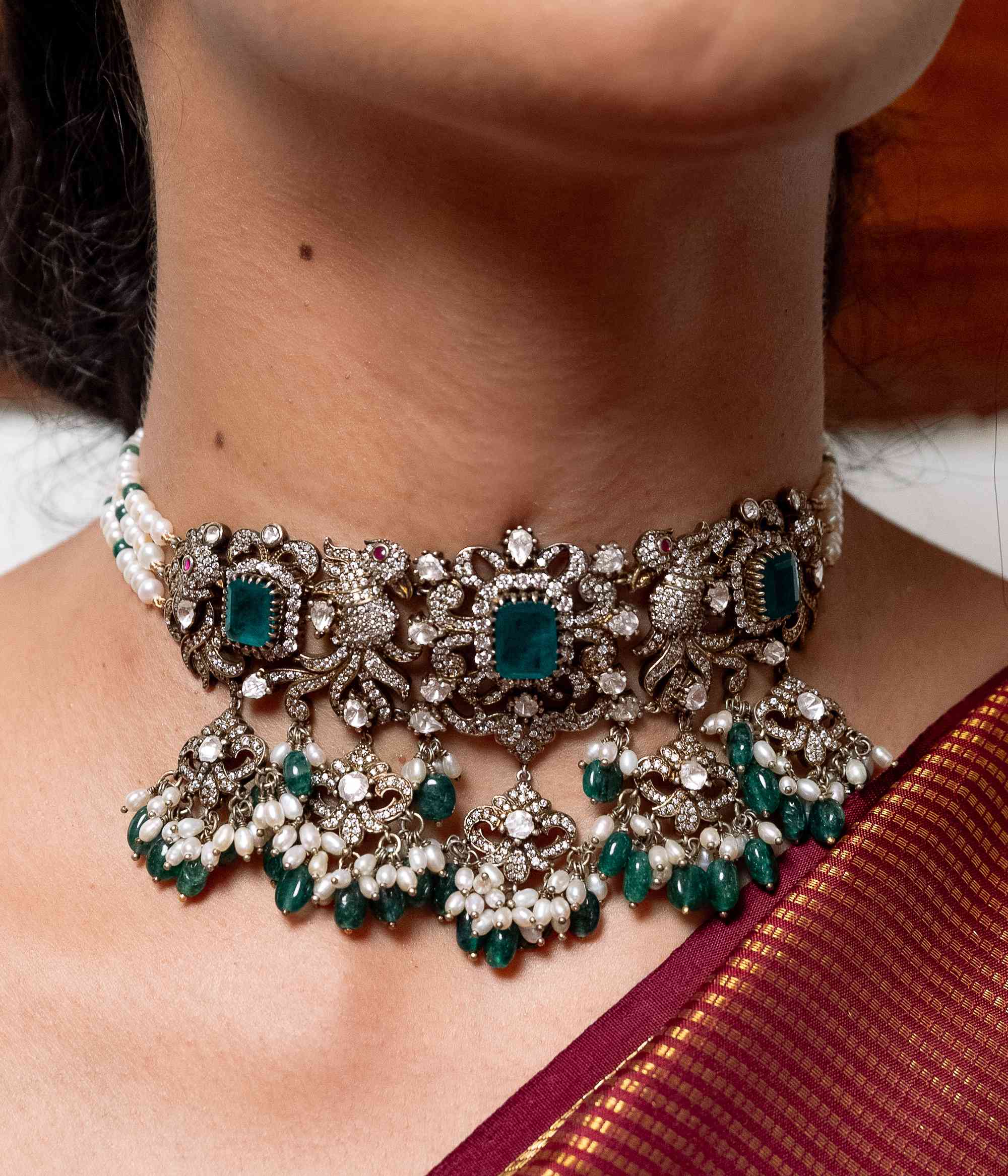 Antique Gold Plated Silver Choker with Polki and Green Beads – DivasMantra