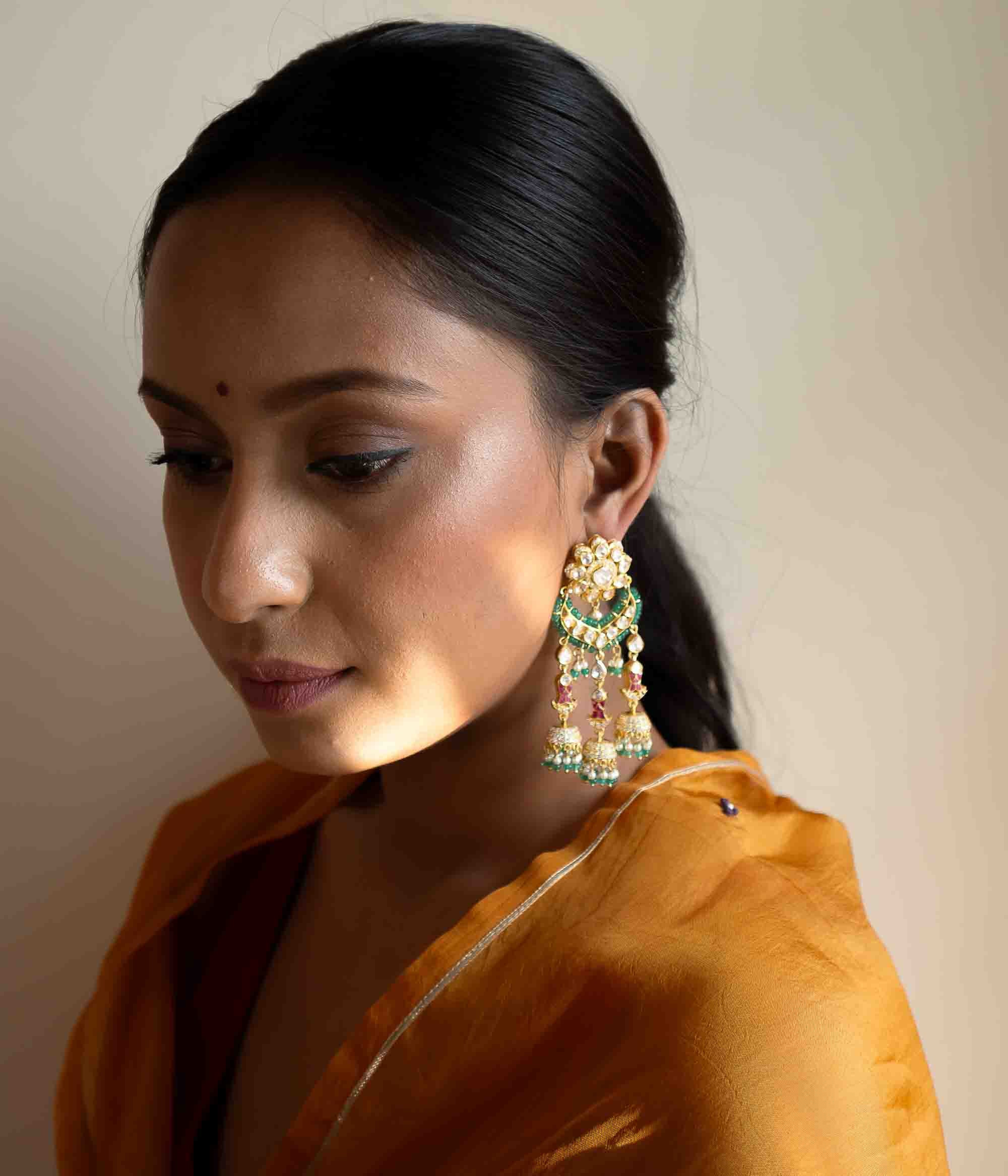 Traditional silver earrings with pearls and Polki stones